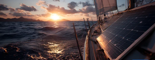 A sailboat with solar panels on its deck sailing at sunset on the ocean.