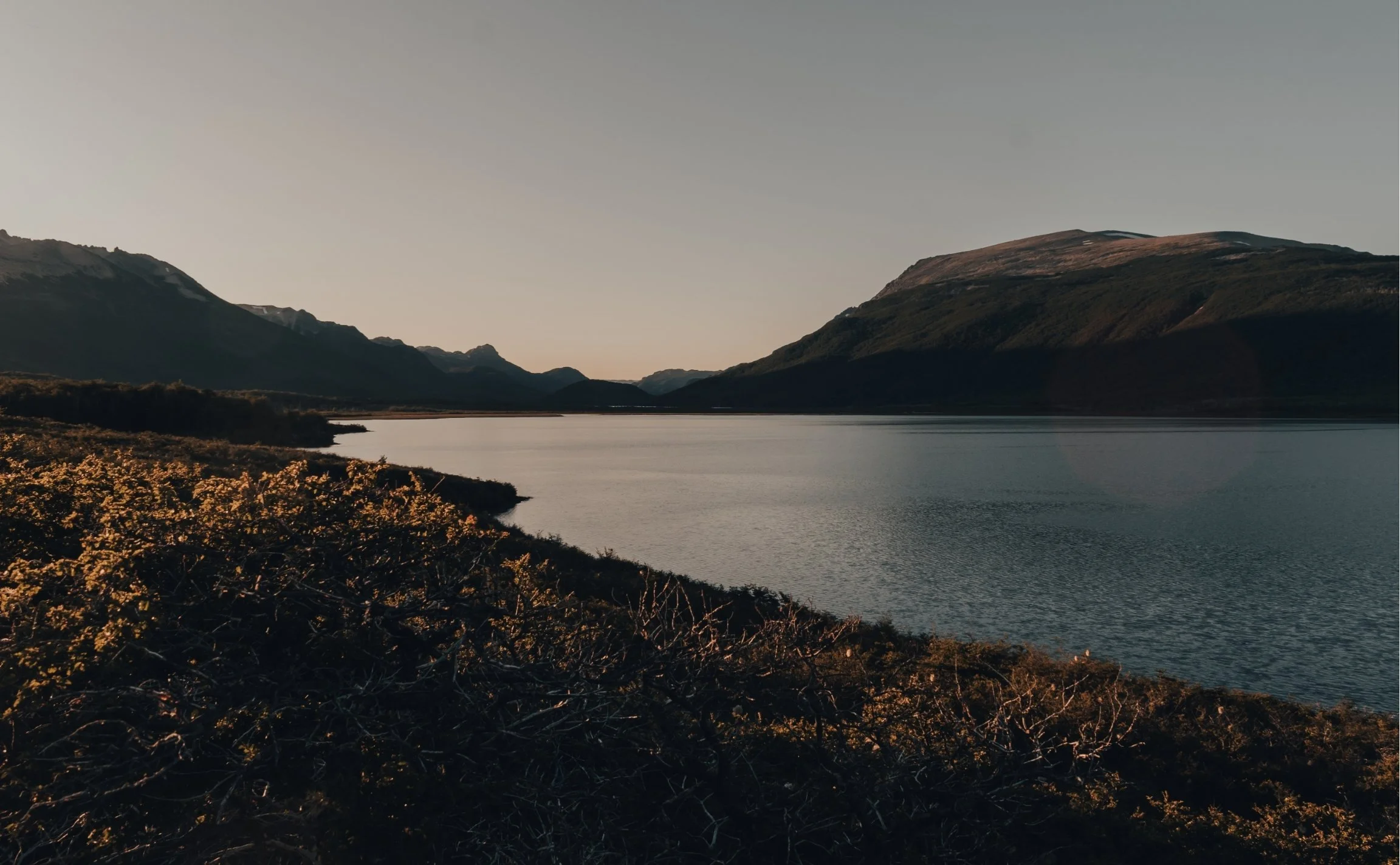 A serene mountain lake landscape during sunset with calm water, surrounding mountains, and bushes in the foreground.