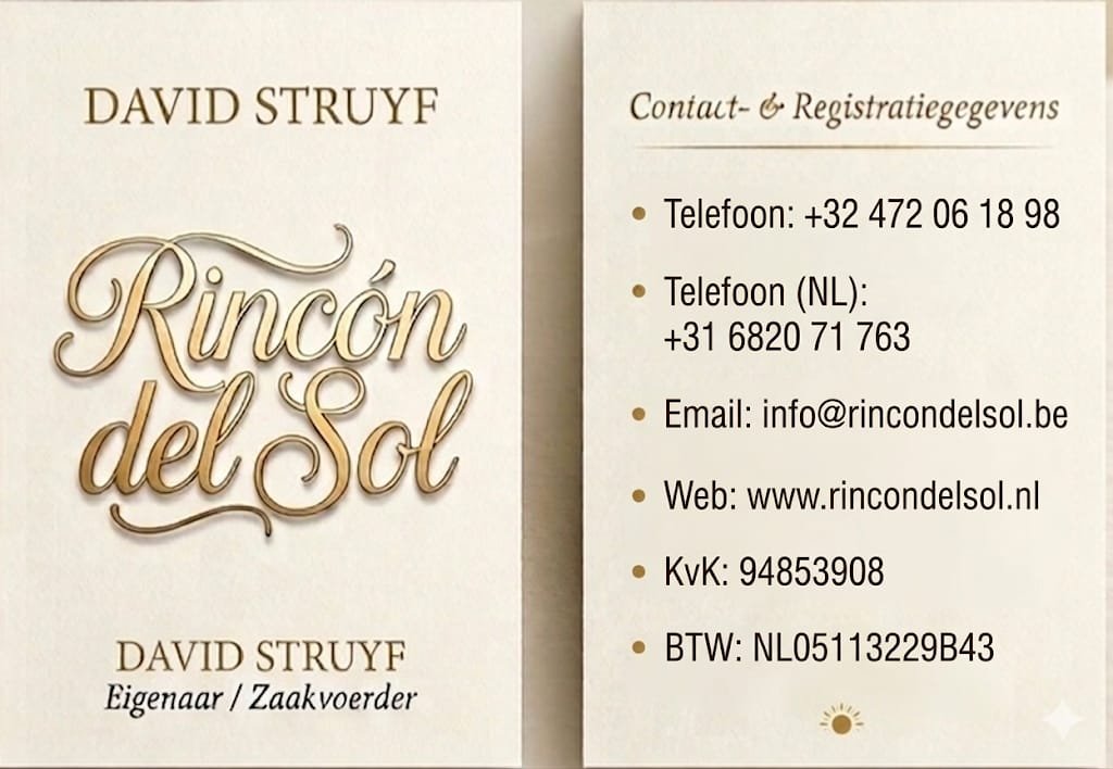 Visitekaartje met contactgegevens en logo van Rincón del Sol. Naam: David Struyf, eigenaar en zaakvoerder. Contactinformatie inclusief telefoon, e-mail, website, Kamer van Koophandel en btw-nummer.