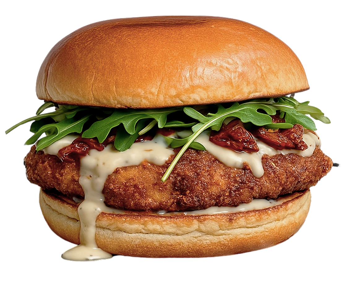 Sandwich avec un bun supérieur doré, une galette de poulet croustillante, de la laitue, du fromage fondu, des morceaux de bacon ou de jambon, et un bun inférieur.