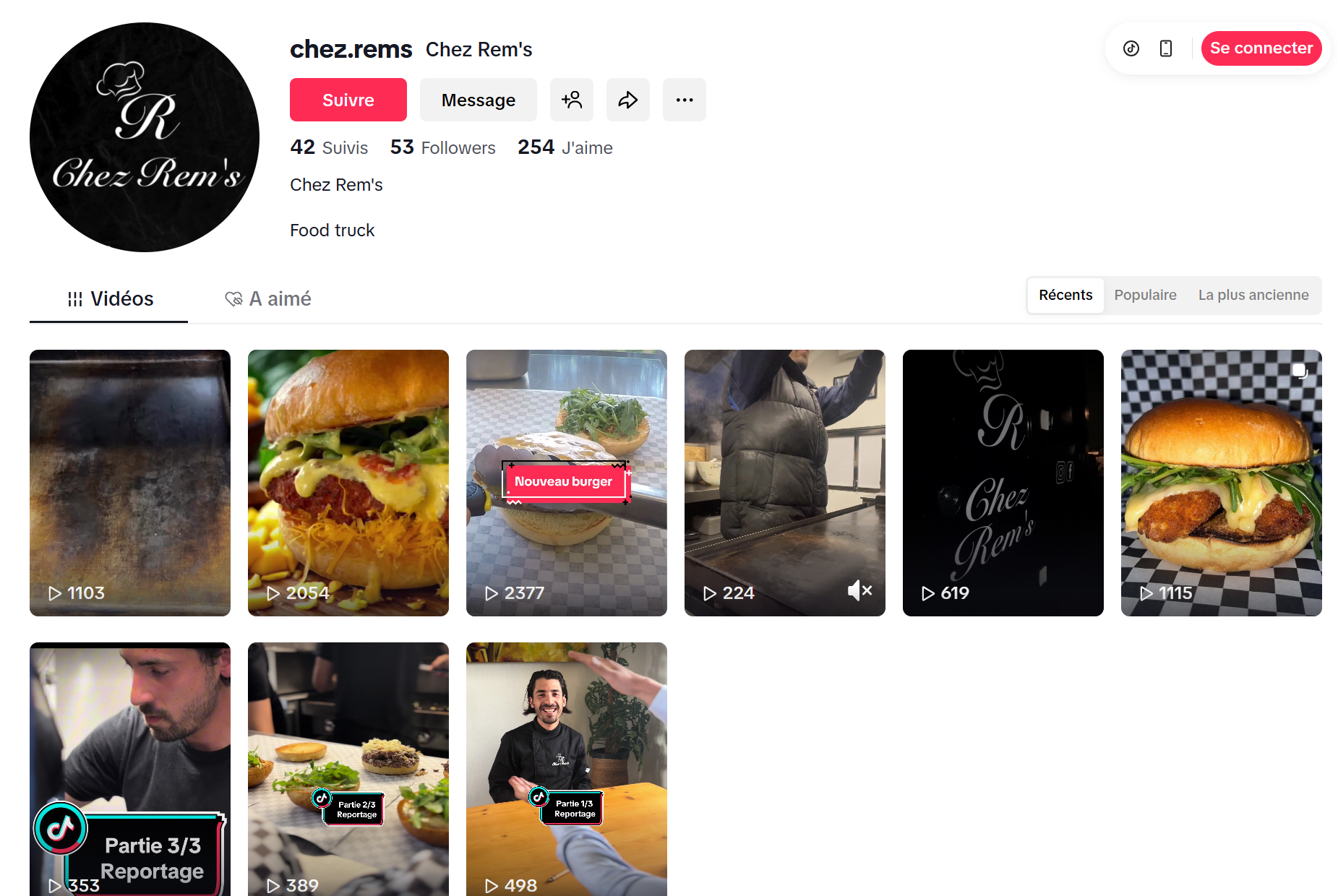 Capture d'écran d'une page TikTok pour Chez Rem's, un food truck. La page montre plusieurs vidéos, notamment une de nourriture, comme un burger et un sandwich, ainsi que des images du personnel et du véhicule du food truck.
