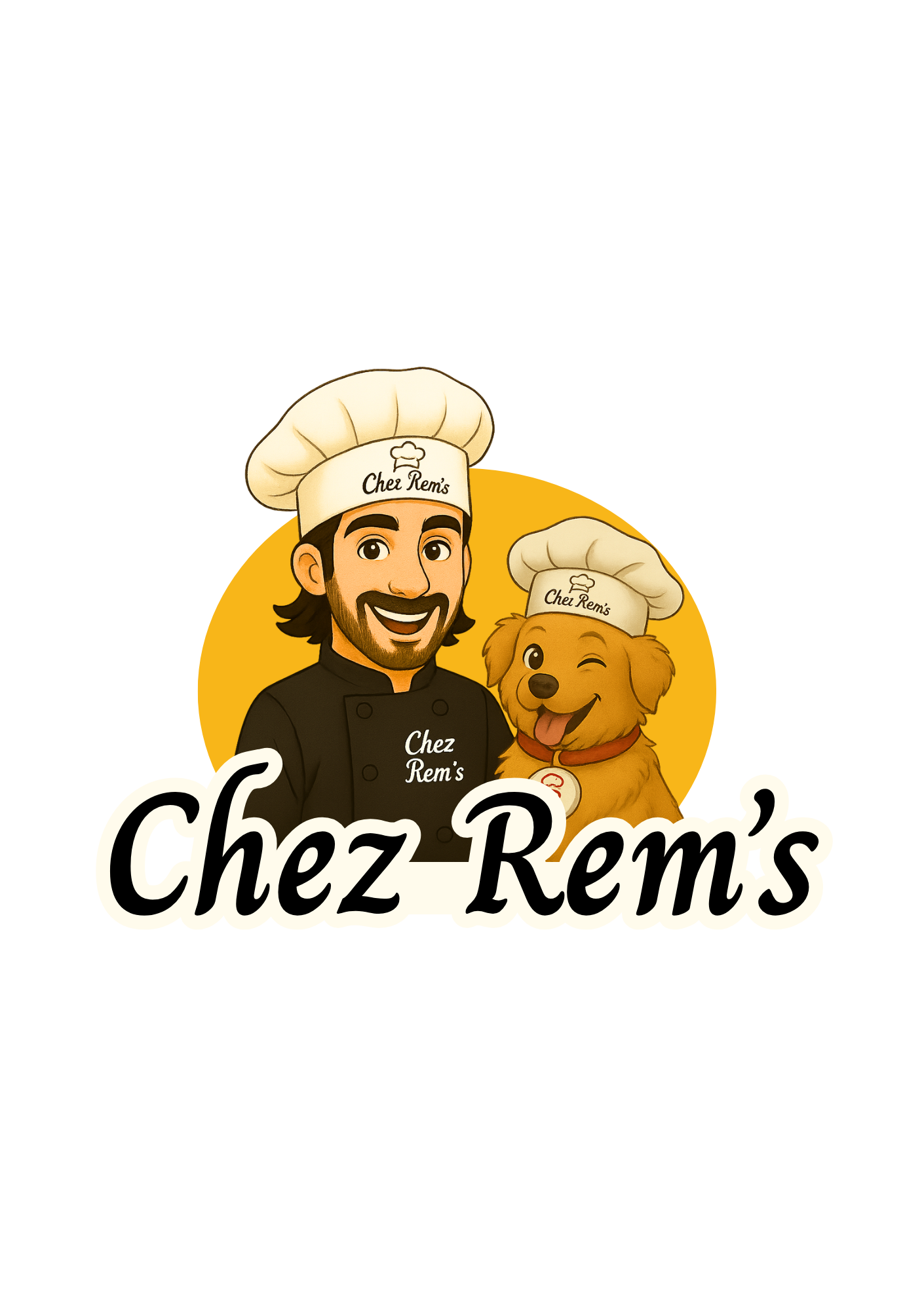 Logo de Chez Rem's avec un homme et un chien portant des chapeaux de chef