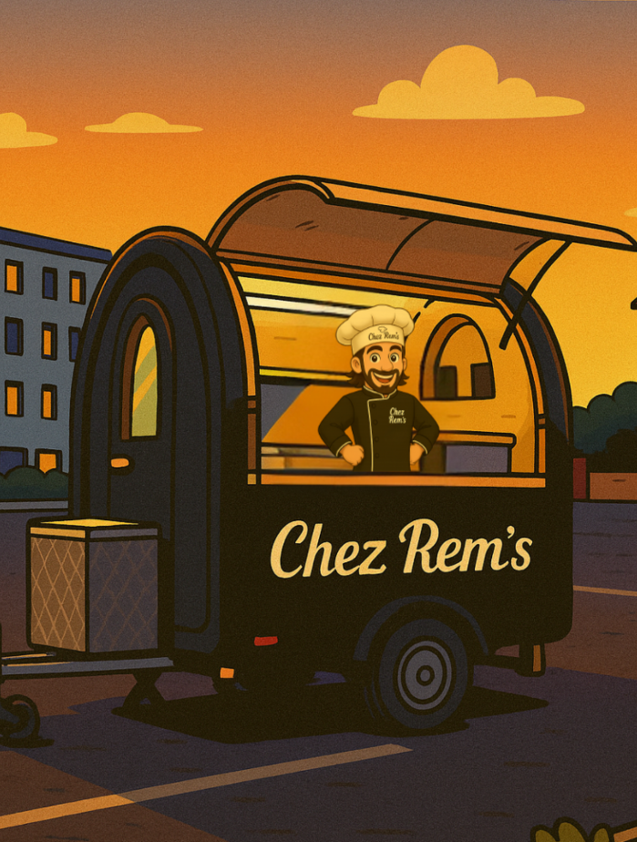 Camion de nourriture de Chez Rem's avec un chef souriant en costume de chef, à l'extérieur au coucher du soleil.