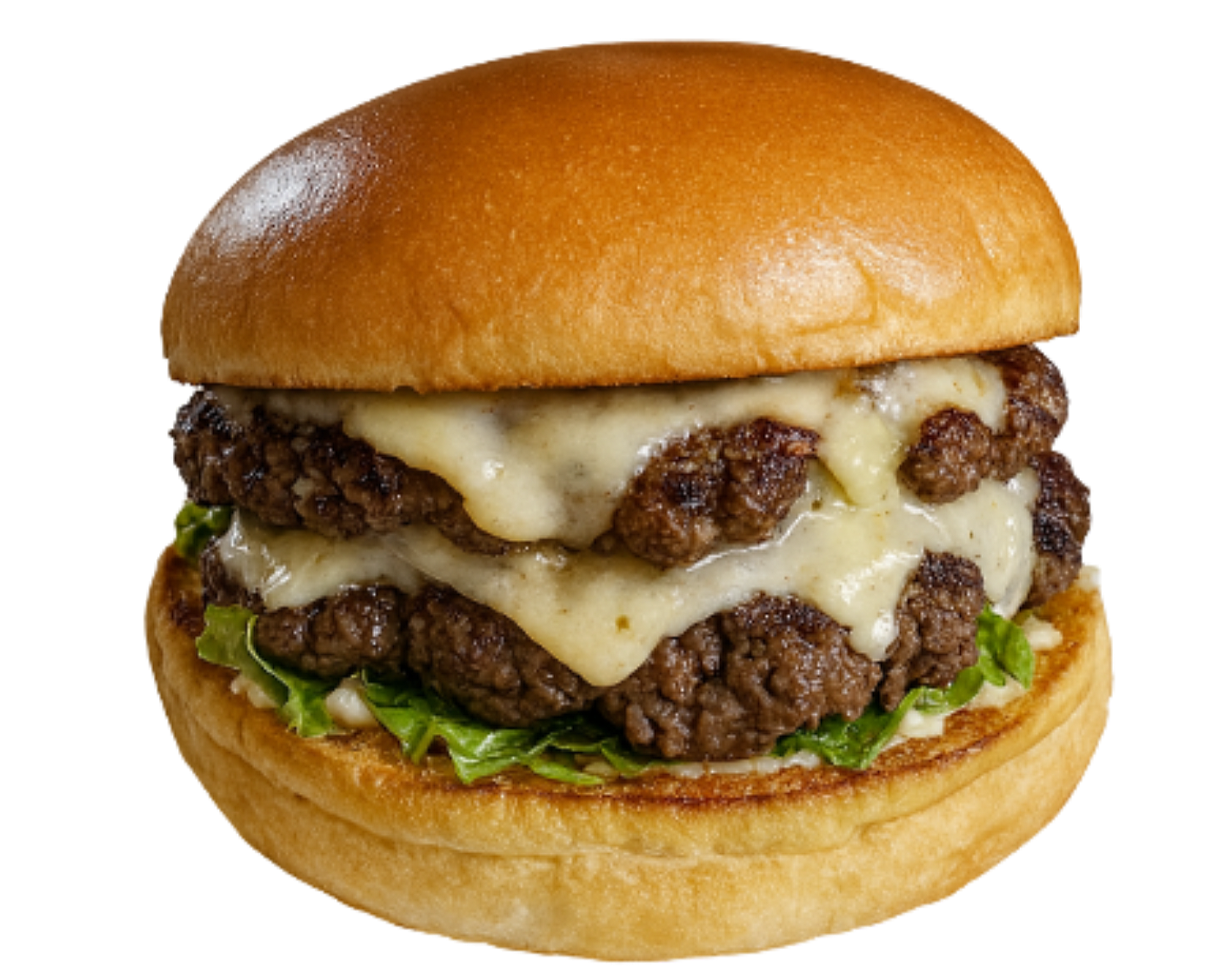 Cheeseburger avec deux gros steaks hachés, fromage fondu, laitue, dans un sandwich bun.