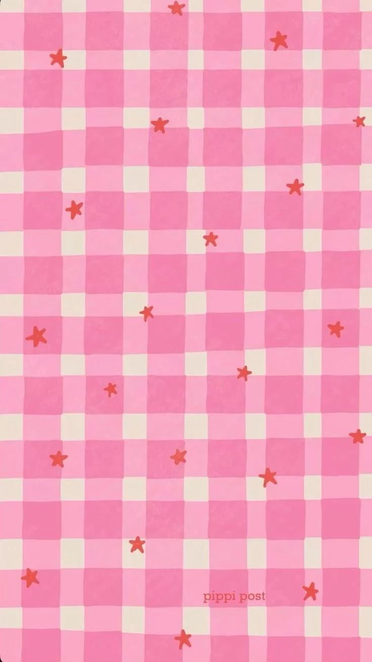 Pink and white checkered paper with red star-shaped confetti and a small red 'Pippi Post' logo at the bottom right corner.