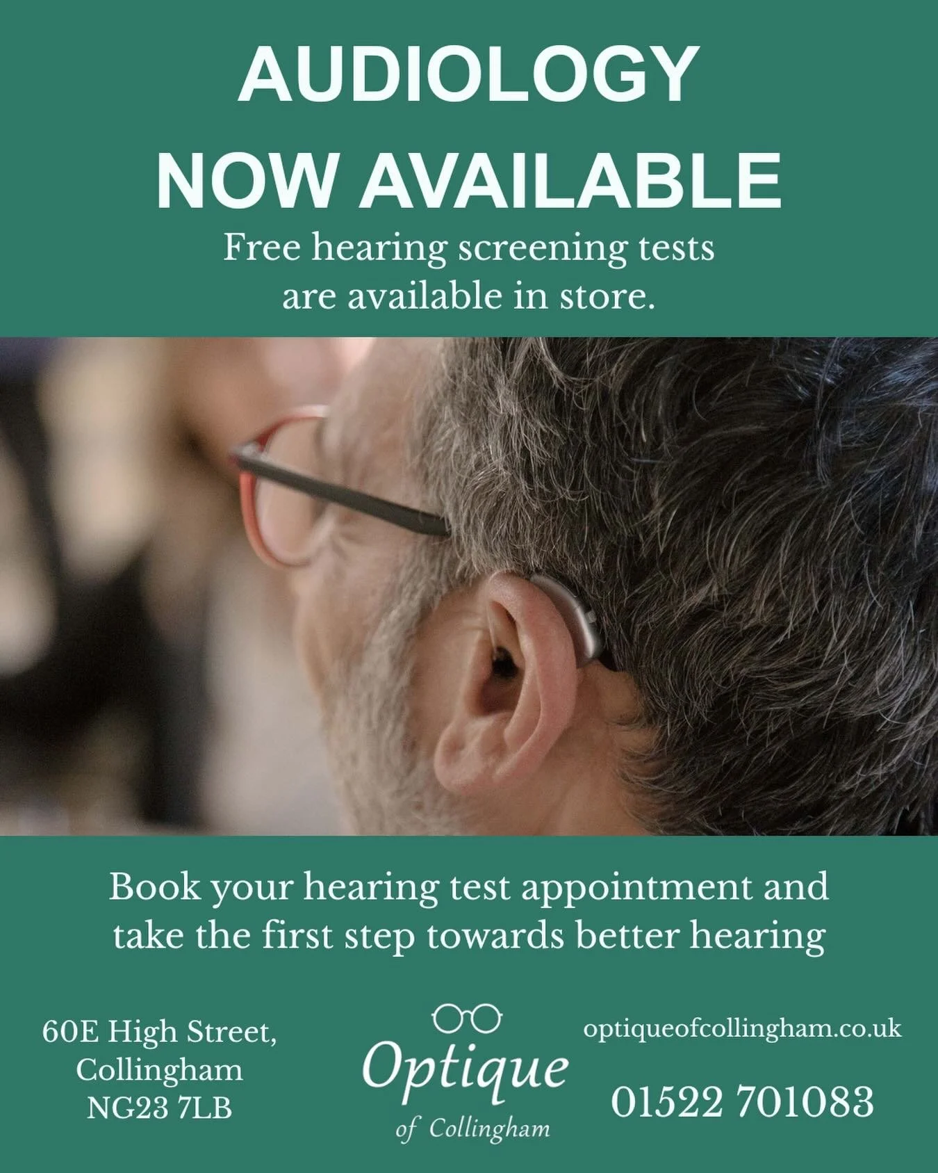 We are pleased to announce that Audiology is now live at Optique of Collingham, so not only can we take care of your eyes but also your ears!

Call now or visit our website to get booked for your free hearing screening.

#hearingaid #audiology #local