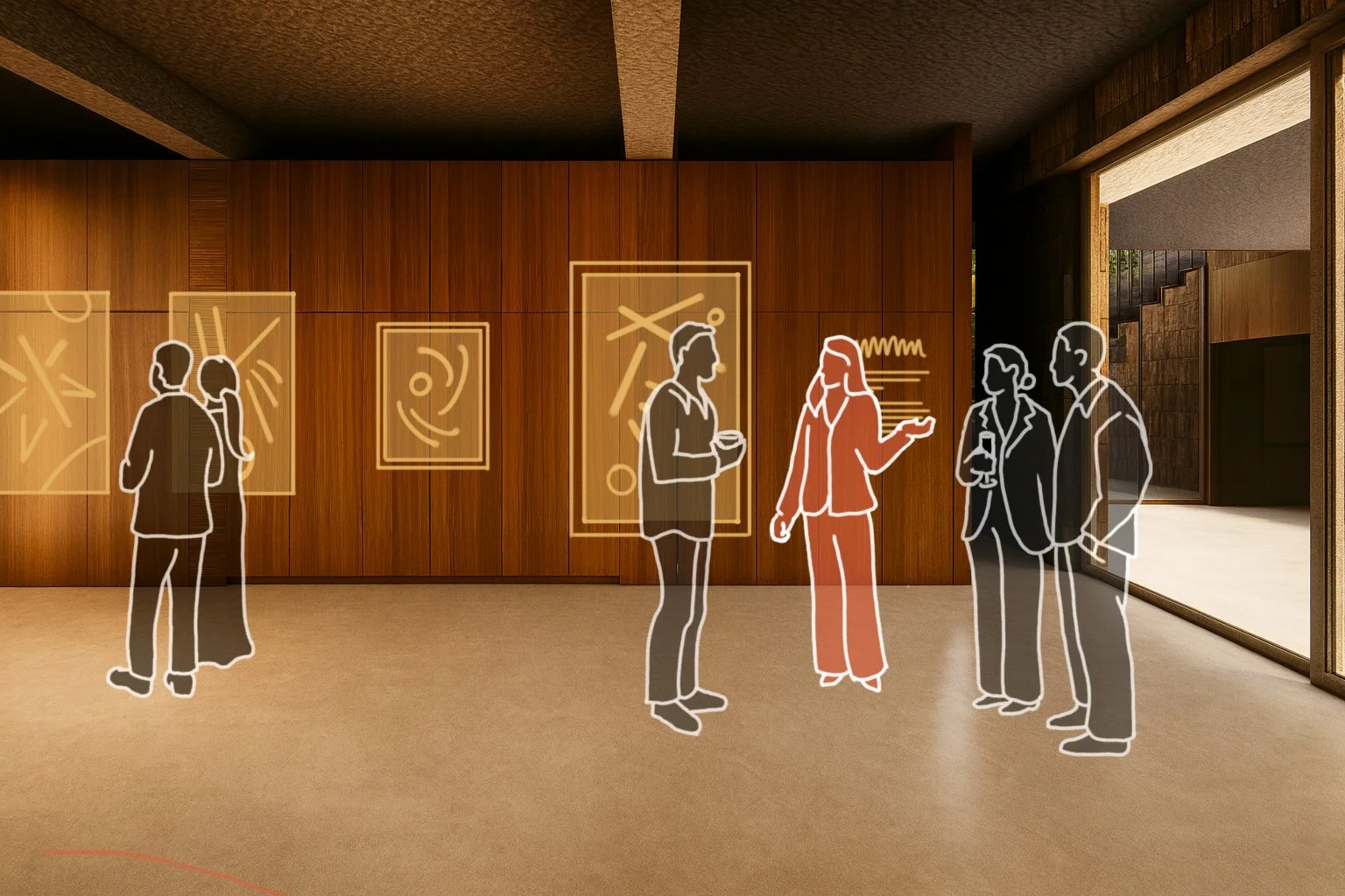 Illustration of people talking in an art gallery with framed artworks on a wooden wall.