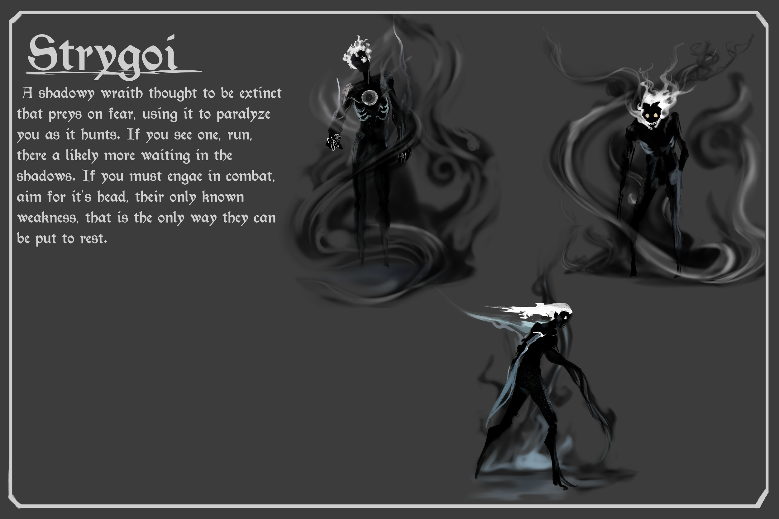 Dark, shadowy creature with flames and smoke around its head, slender body, long limbs, glowing eyes, and a skeletal face with a skull on fire, depicted in three different poses on a dark background, accompanied by a block of descriptive text about the creature called Strygoi.