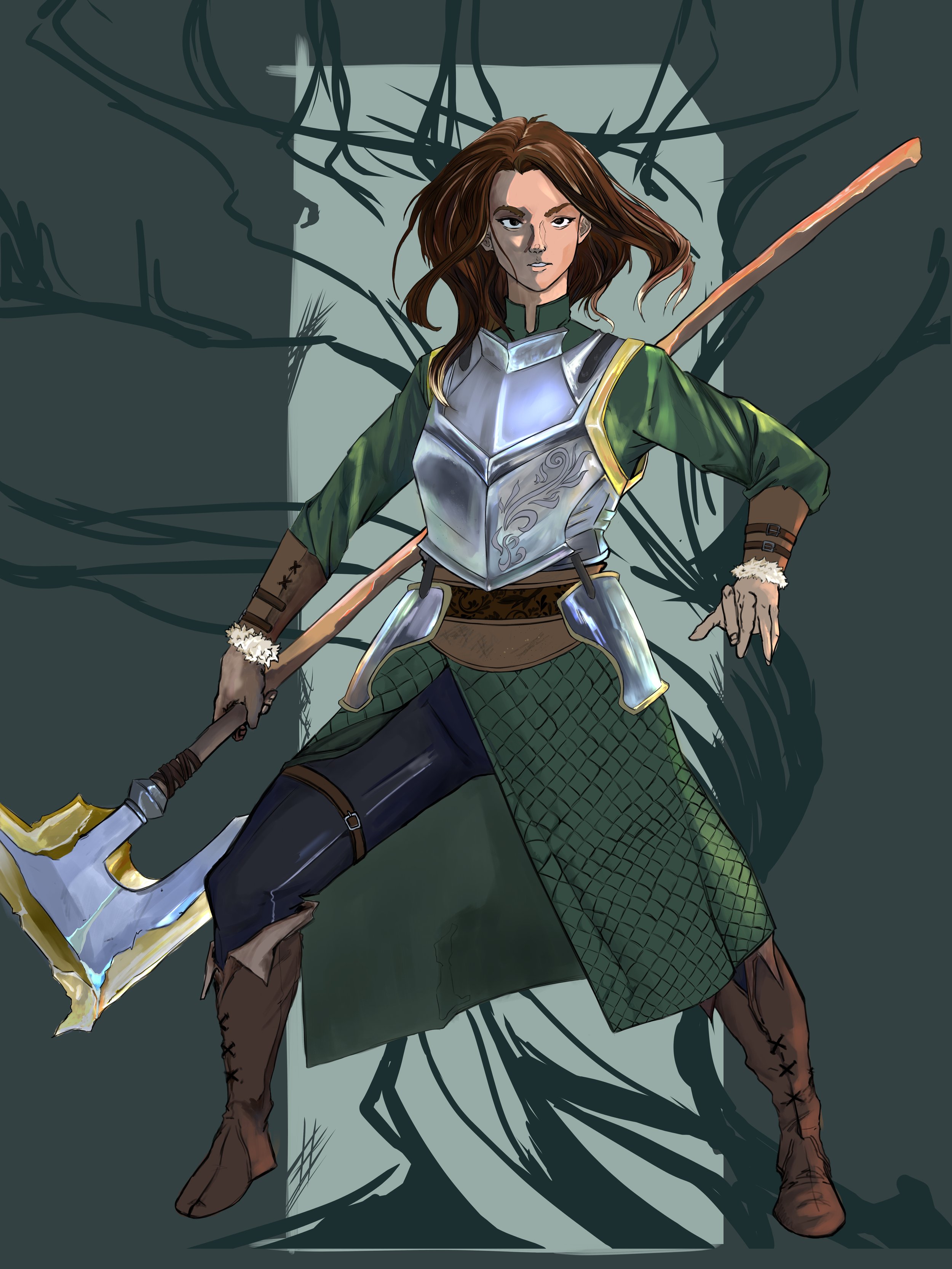 A female warrior with brown hair in armor, wielding a large axe, standing confidently in front of a dark, eerie background with leafless trees.