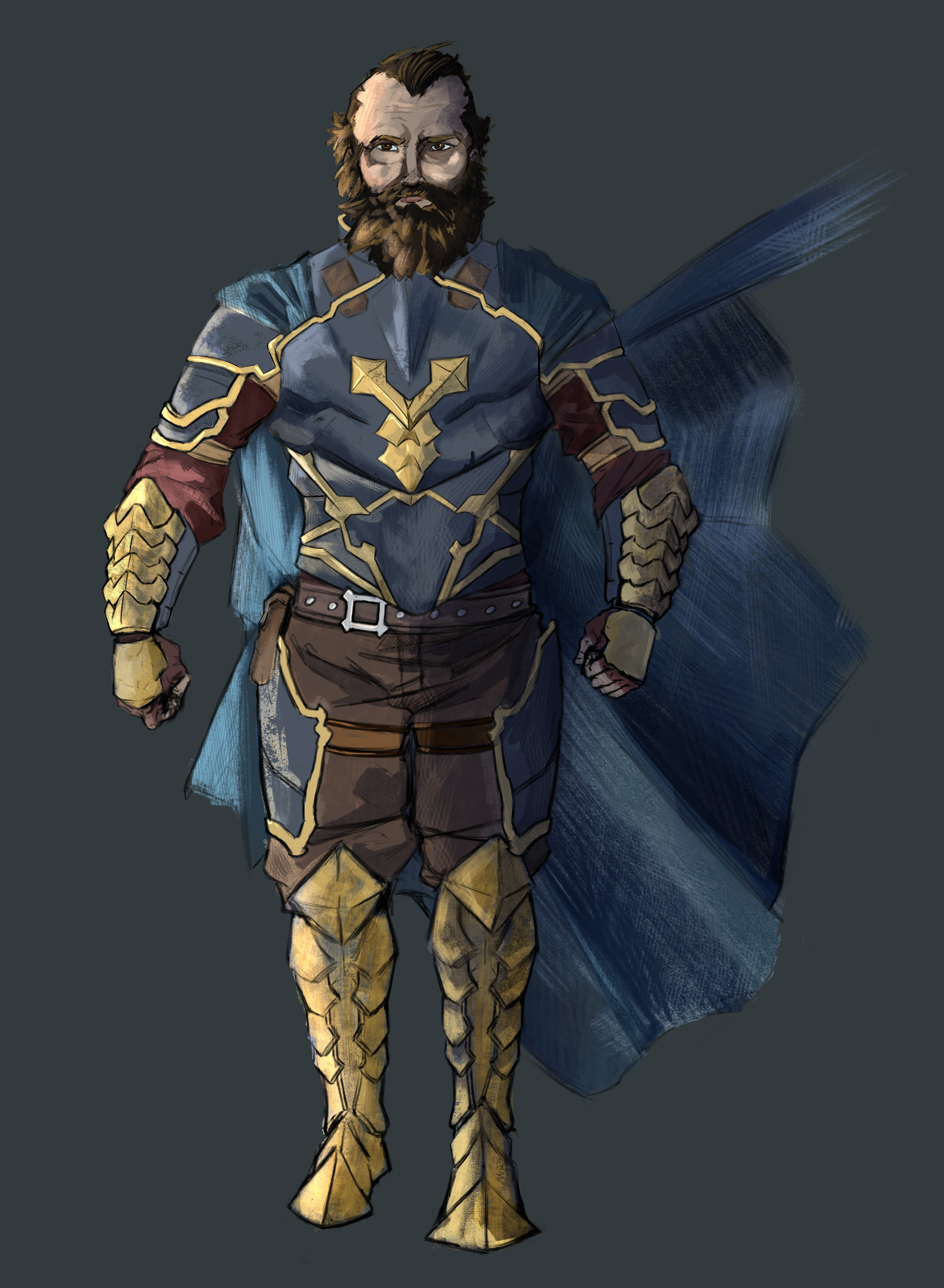 A fantasy character dressed in armor with gold accents, a cape, and a beard, standing confidently.