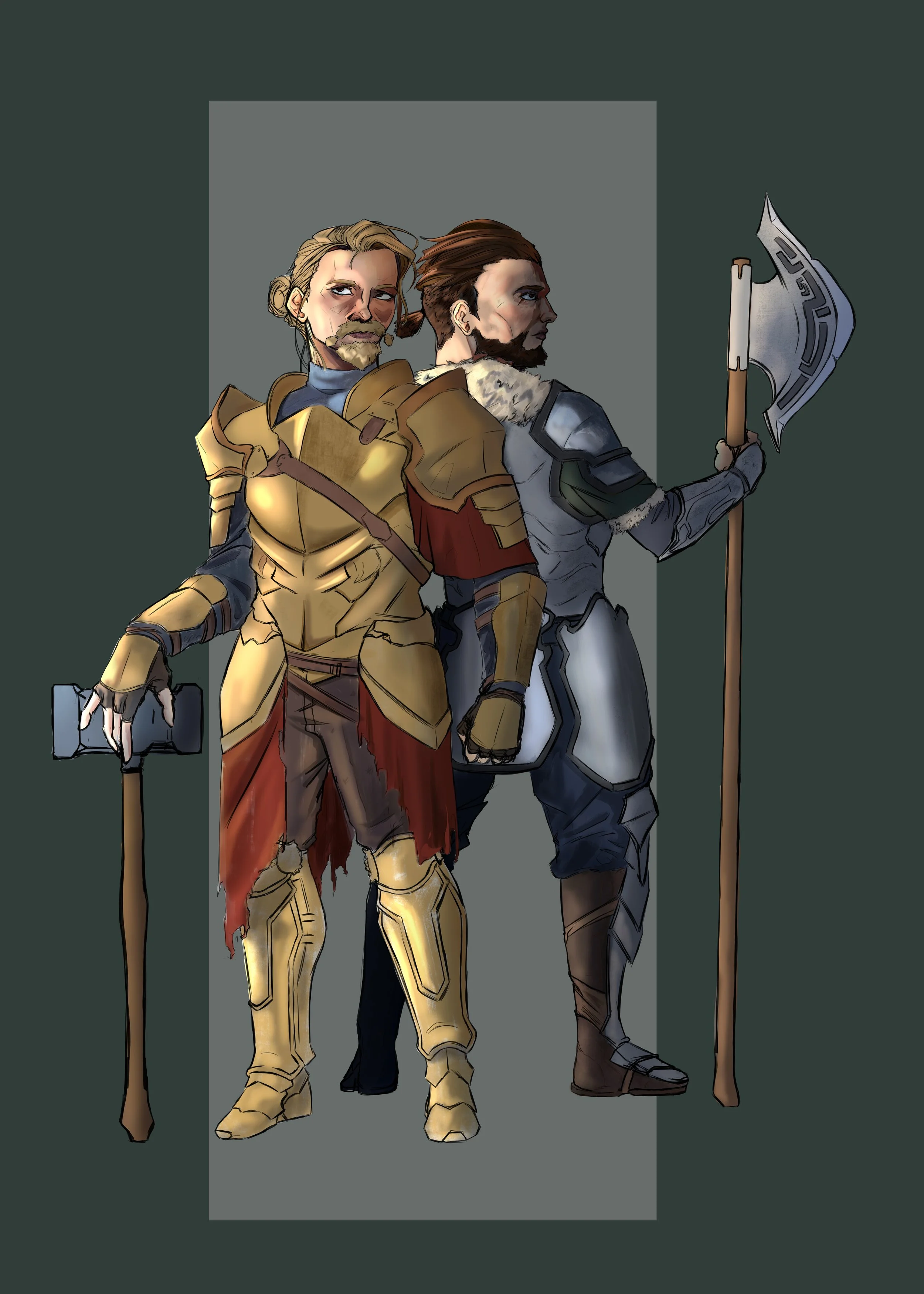 Two fantasy warrior characters, one in gold armor holding an axe, the other in gray armor with a fur collar, holding a battle axe, standing back to back.