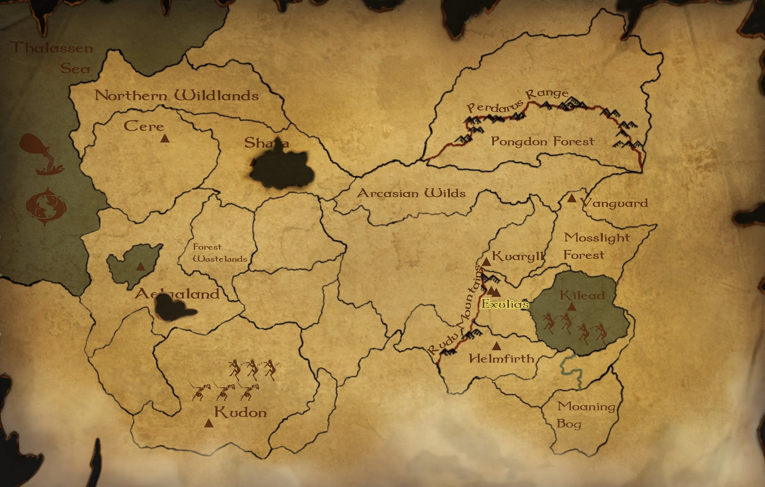 A fantasy map showing various regions, forests, mountain ranges, and landmarks, including Northern Wildlands, Cepe, Shala, Arcasian Wilds, Vanguard, Mosslight Forest, Kileard, and mountain peaks near Rudas Mountains and Exulias.