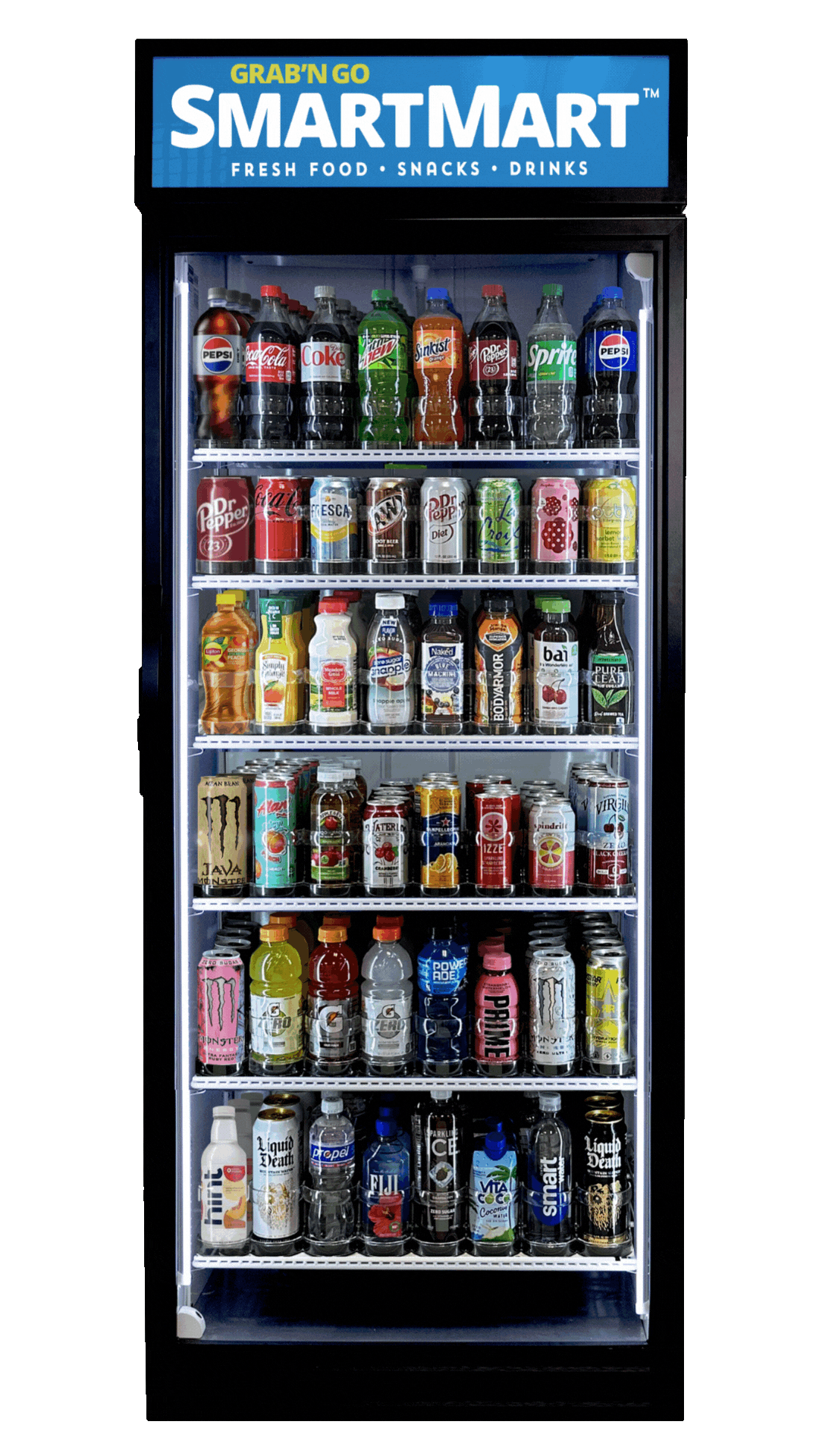 A vending machine filled with various drinks including sodas, bottled teas, energy drinks, and water bottles.