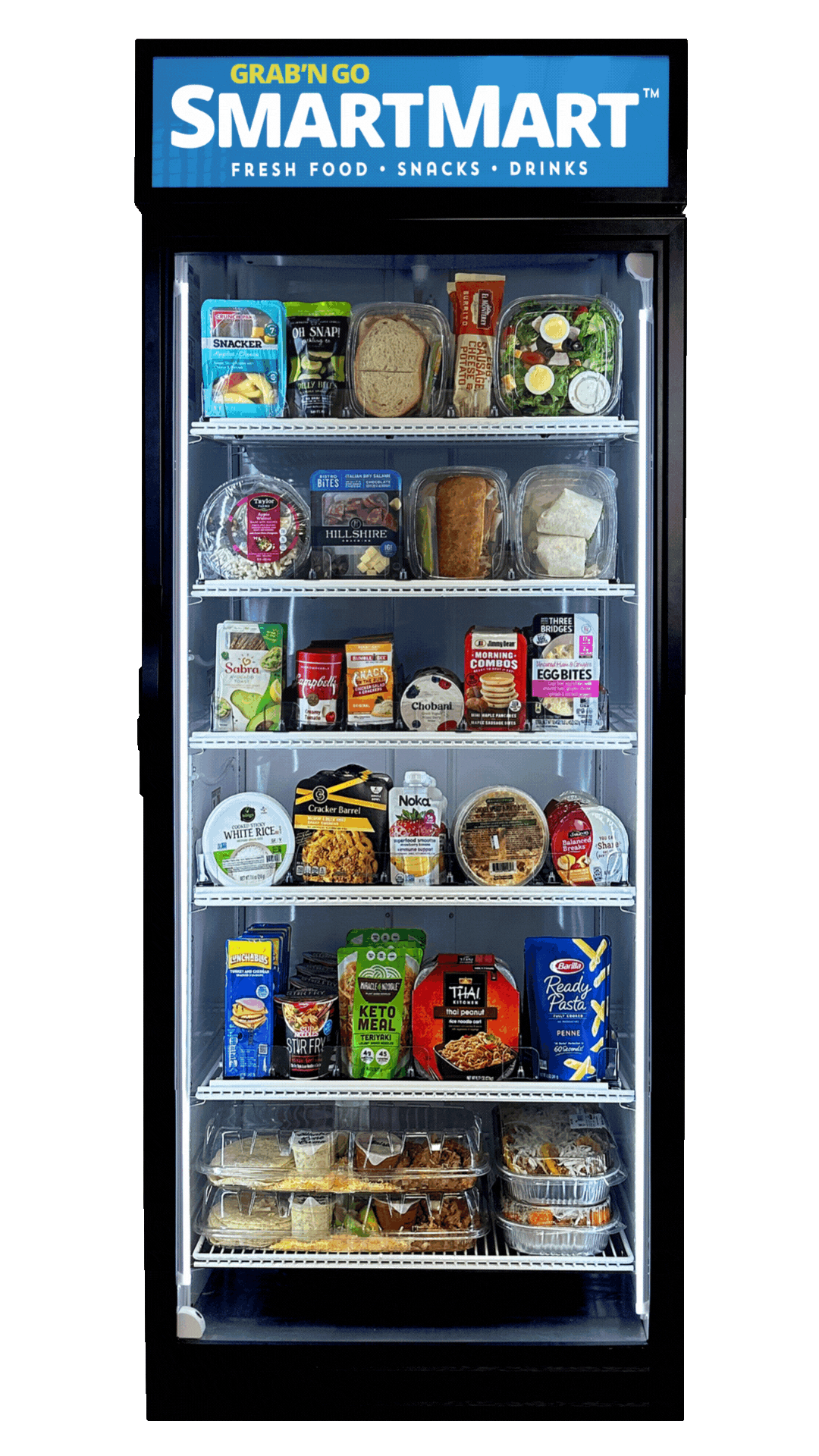 A refrigerated display case filled with various food items including snacks, drinks, prepared meals, and packaged foods.