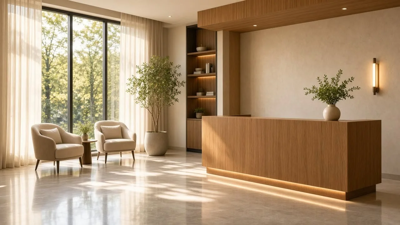 Bright professional lobby after commercial cleaning in Southwest Chicagoland