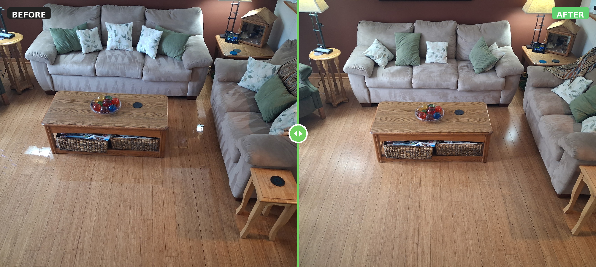 Living room before and after: refreshed and organized.