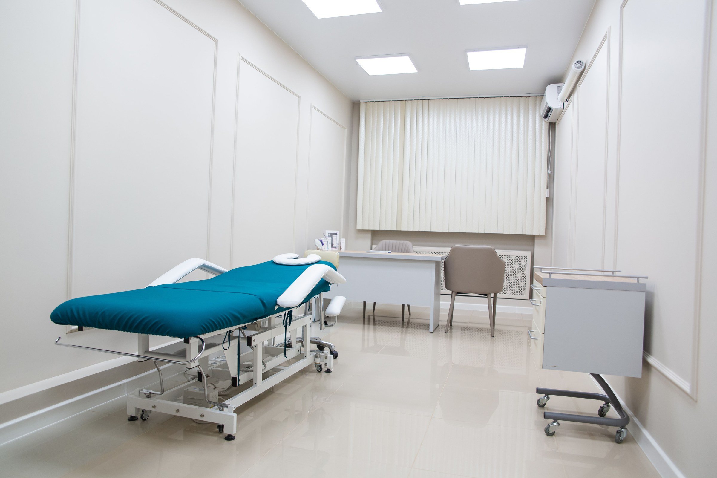 Clean, disinfected exam room in a medical office after professional cleaning