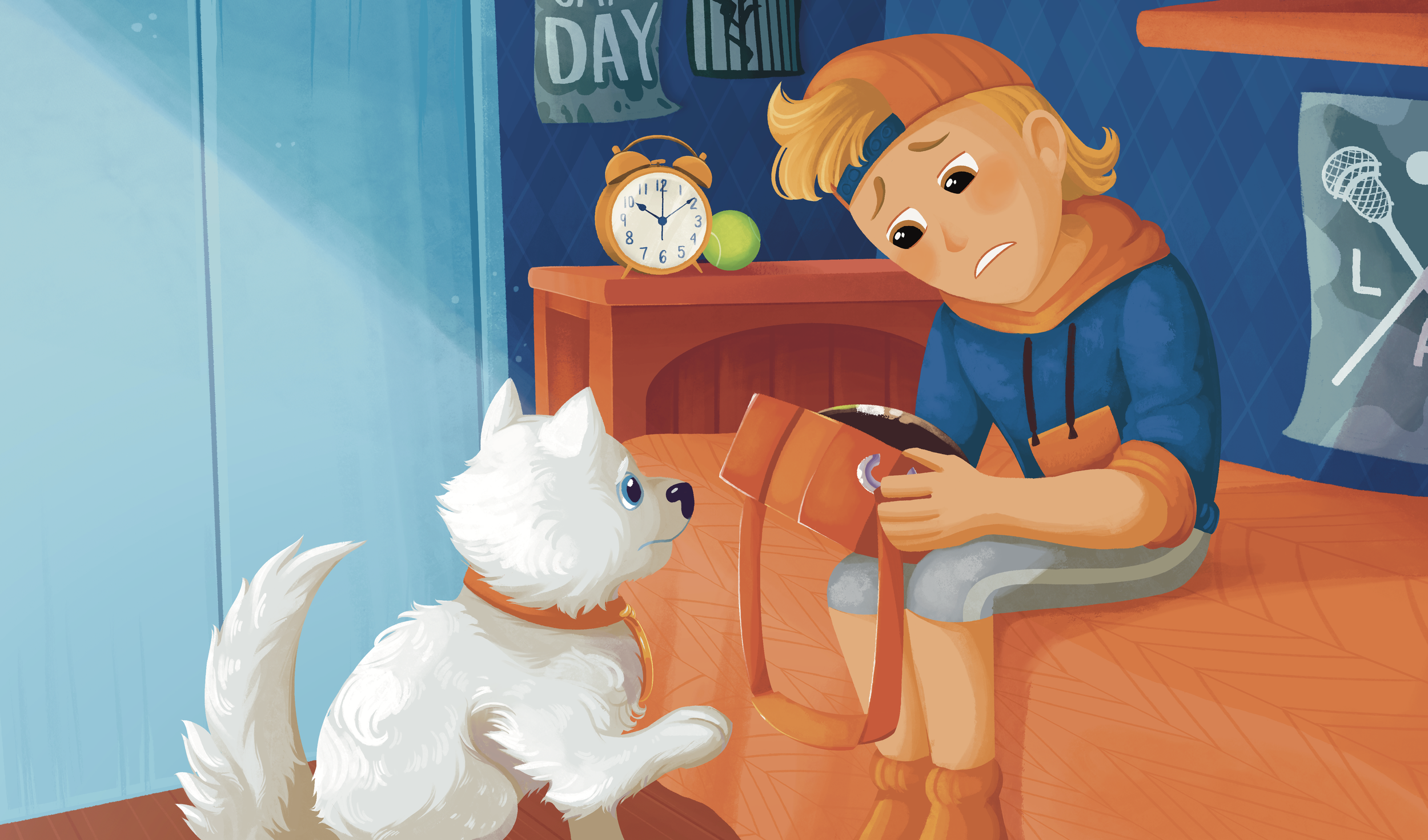 A boy sitting on his bed with a distressed expression, holding a laptop. A white dog sitting in front of him looking up with concern. The room has a blue wall with posters, a wooden nightstand with an alarm clock and a green ball, and a closet with a