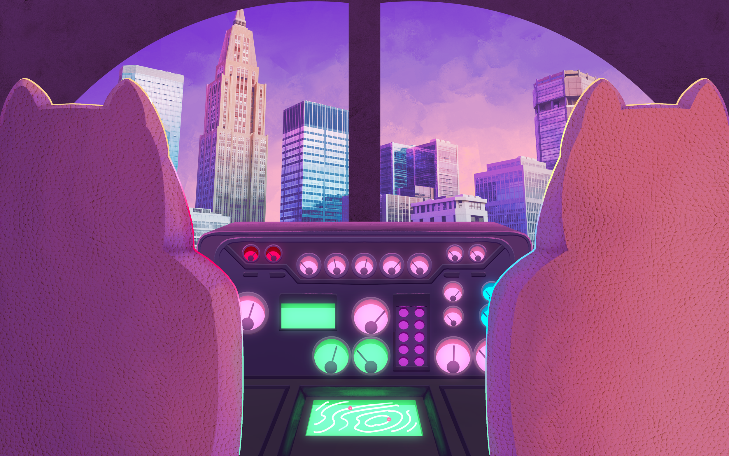 A futuristic scene from the cockpit of a flying vehicle, with a city skyline of tall buildings in the background, illuminated with neon pink and purple lights.