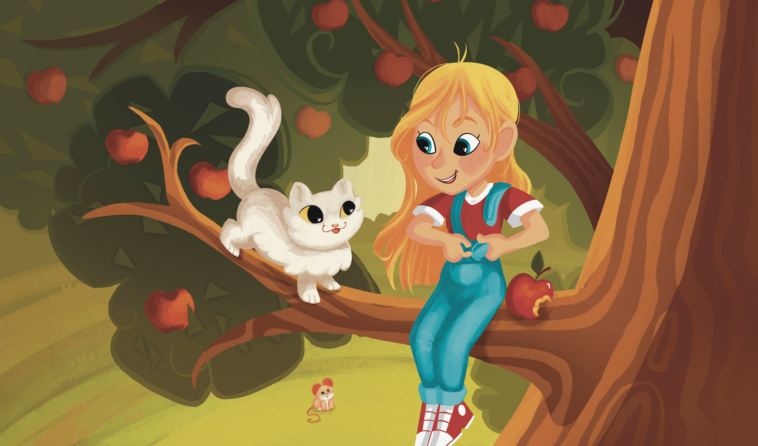A girl with long orange hair and a red and white shirt sitting on a tree branch with a white cat. The tree has red fruit, and a small mouse is on the ground below. The background is green with large leaves and sunlight.