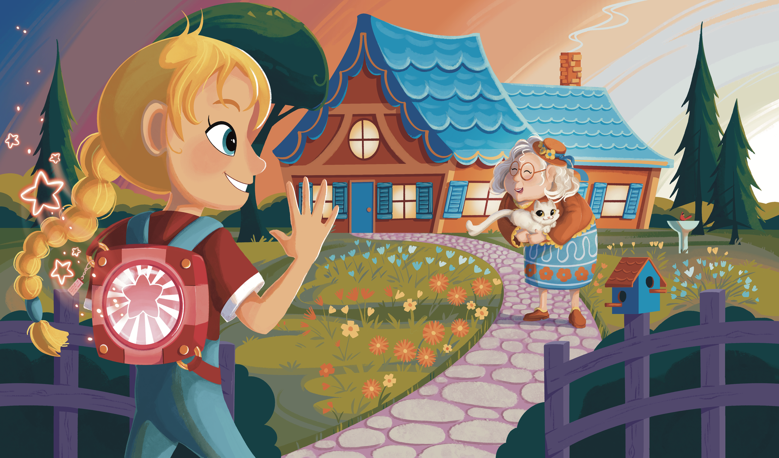 A young girl waving to an elderly woman holding a white cat in front of a colorful house with blue shutters and a garden with flowers.