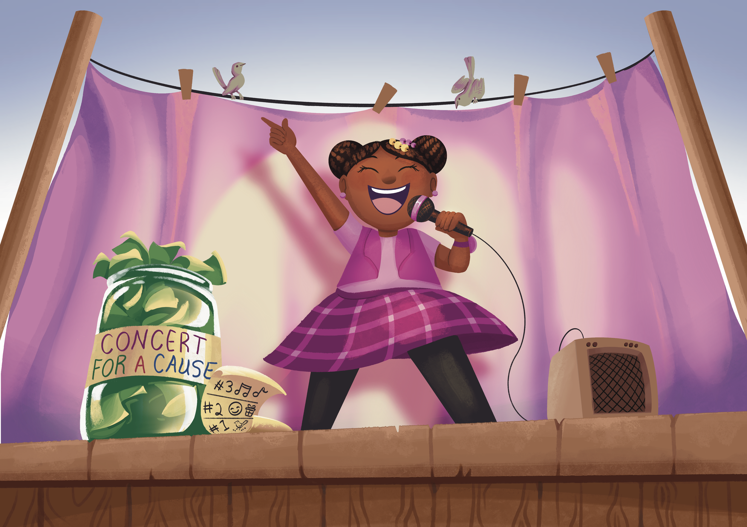 Illustration of a joyful African American girl singing into a microphone on a stage with purple curtains, standing on a wooden platform. There is a large jar labeled 'Concert for a Cause' with green pamphlets and numbered tickets in front. Two small 