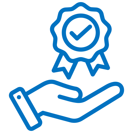 Line drawing of a hand holding a certificate or award with a checkmark, symbolizing approval or certification.