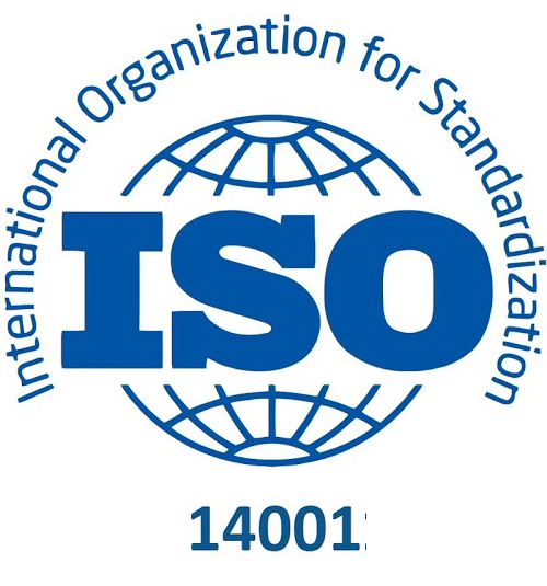 Logo of the International Organization for Standardization (ISO), featuring a globe with latitude and longitude lines, the letters 'ISO' in bold, and the number '14001' below.