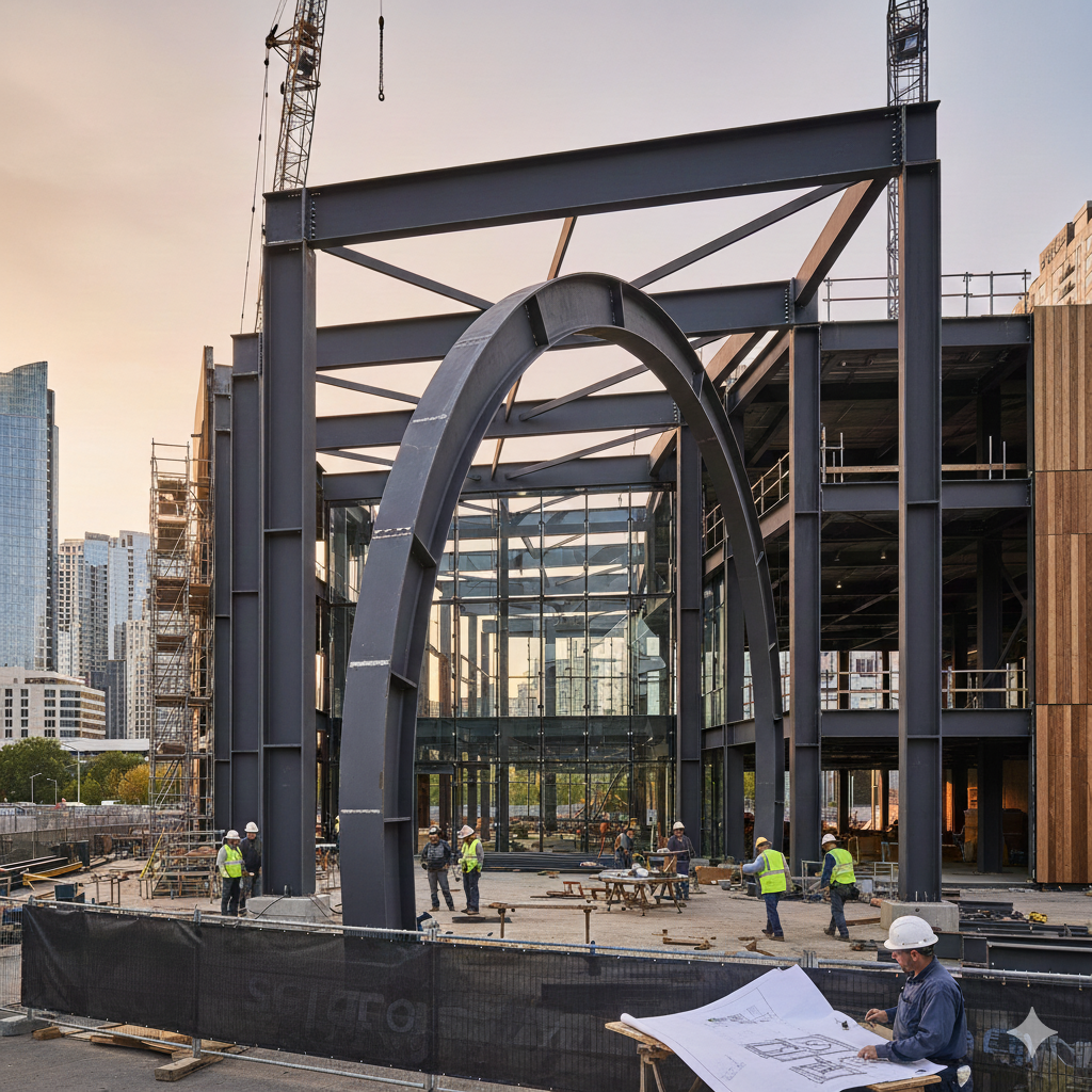 Construction workers wearing safety helmets and vests working on a building site with steel framework, glass walls, and a large arch structure in an urban area.