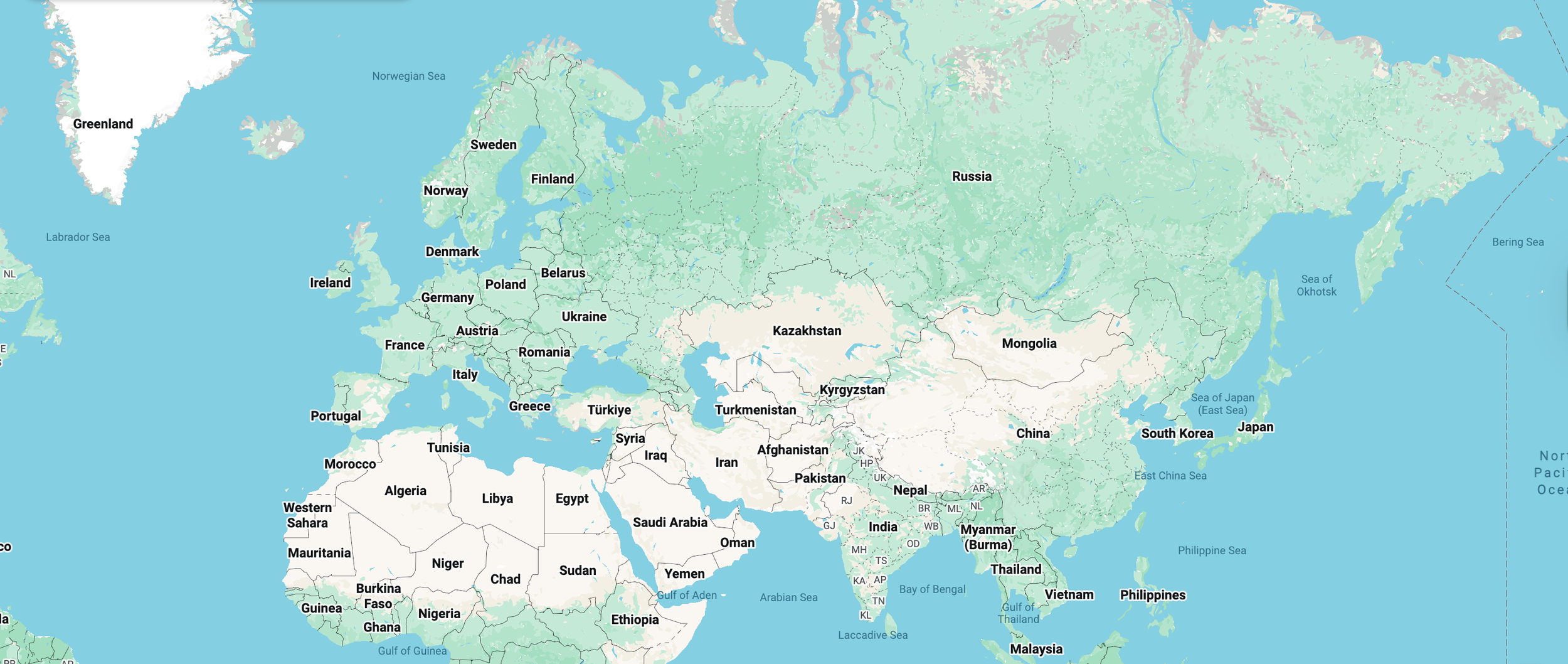 Map of Europe, Asia, and Africa showing country borders and names, with surrounding bodies of water including the Atlantic Ocean, Indian Ocean, and various seas.