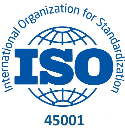 ISO logo with a globe illustration and the text "International Organization for Standardization" around it; includes the code 45001 at the bottom.