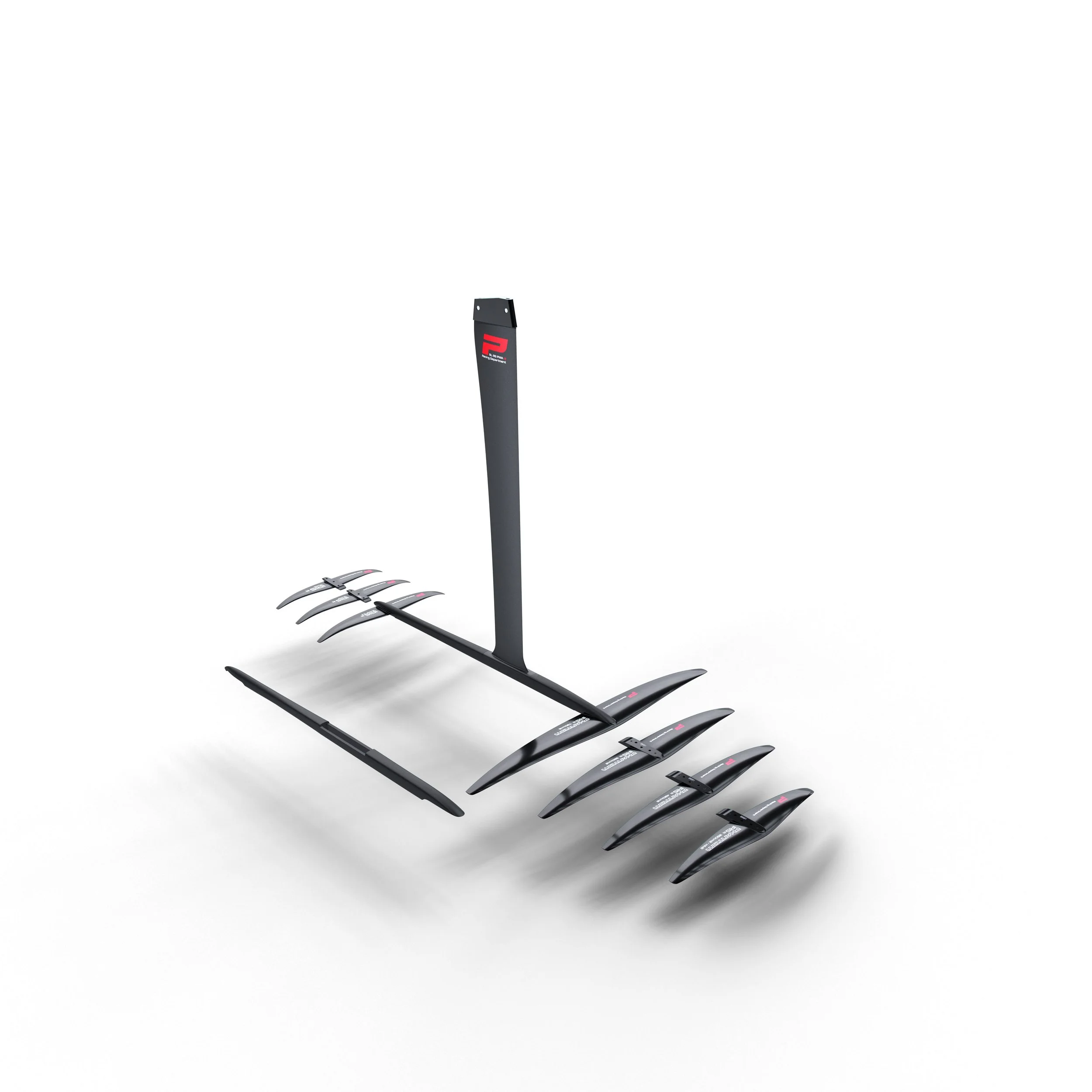 Hydrofoil kit with mast, fuselage, and multiple wings on a white background.