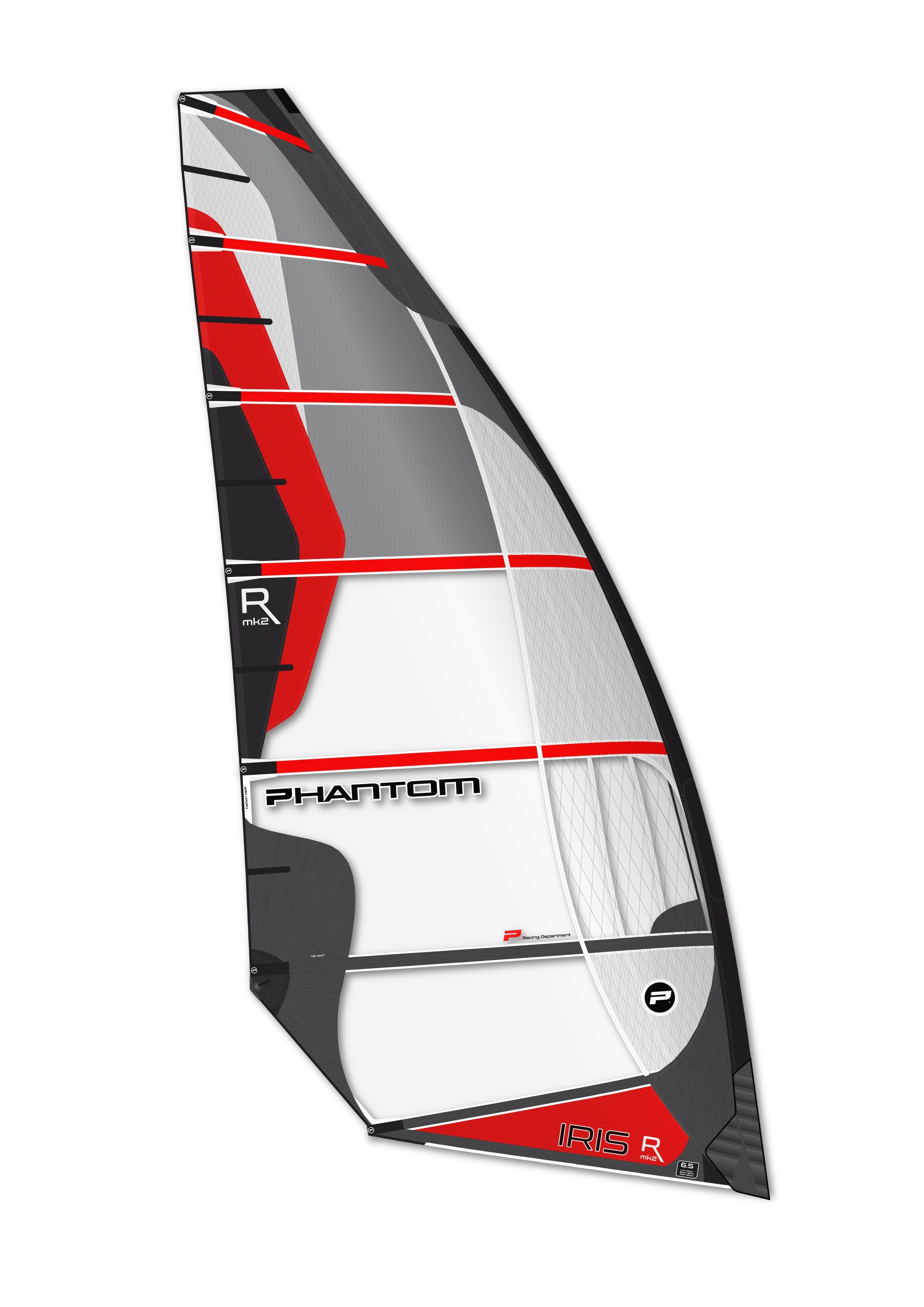 Windsurfing sail with red, gray, and white design, labeled "Phantom" and "IRIS R Mk2."
