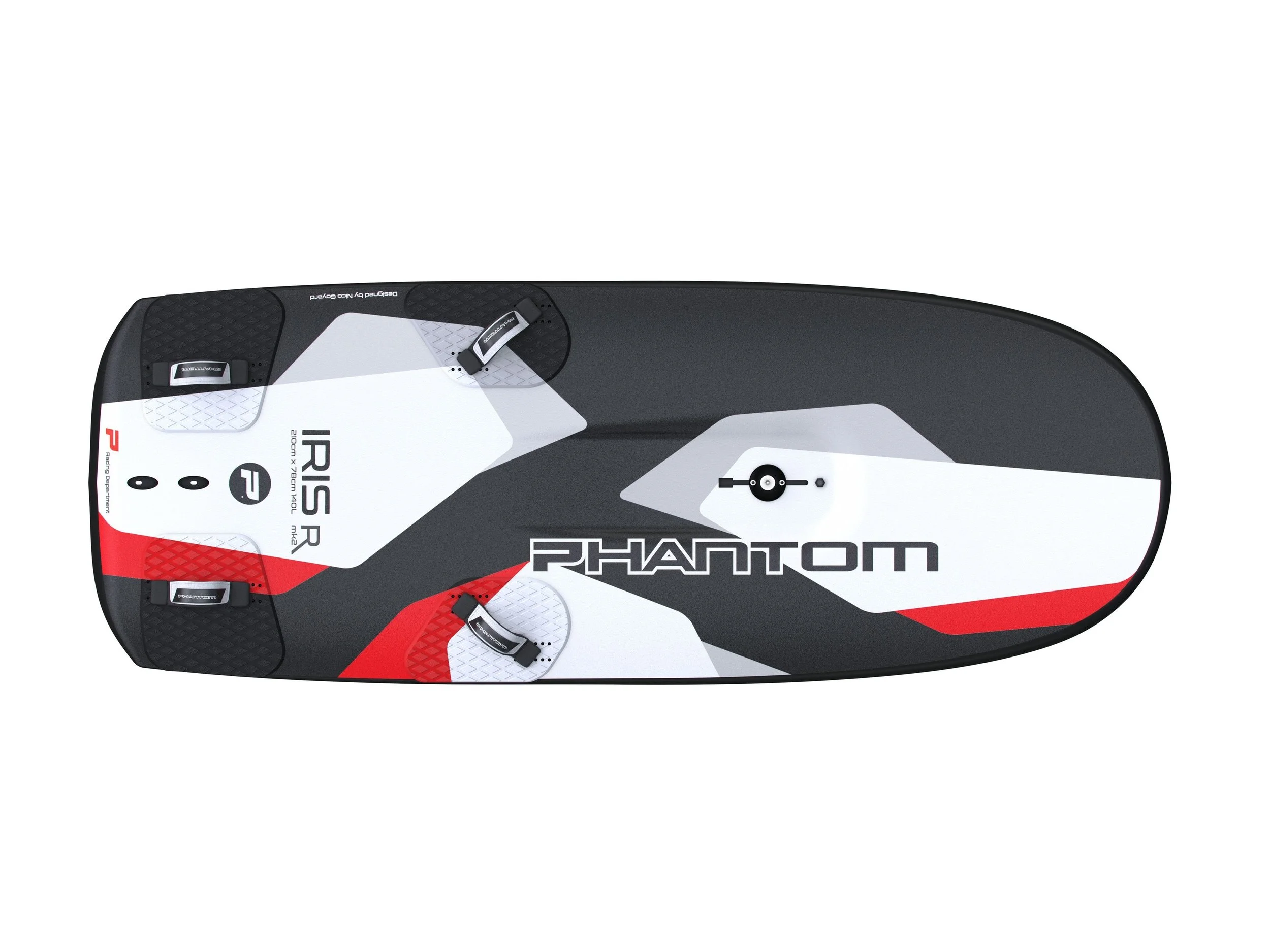 Top view of a Phantom Iris R wing foil board with a black, red, and white design.