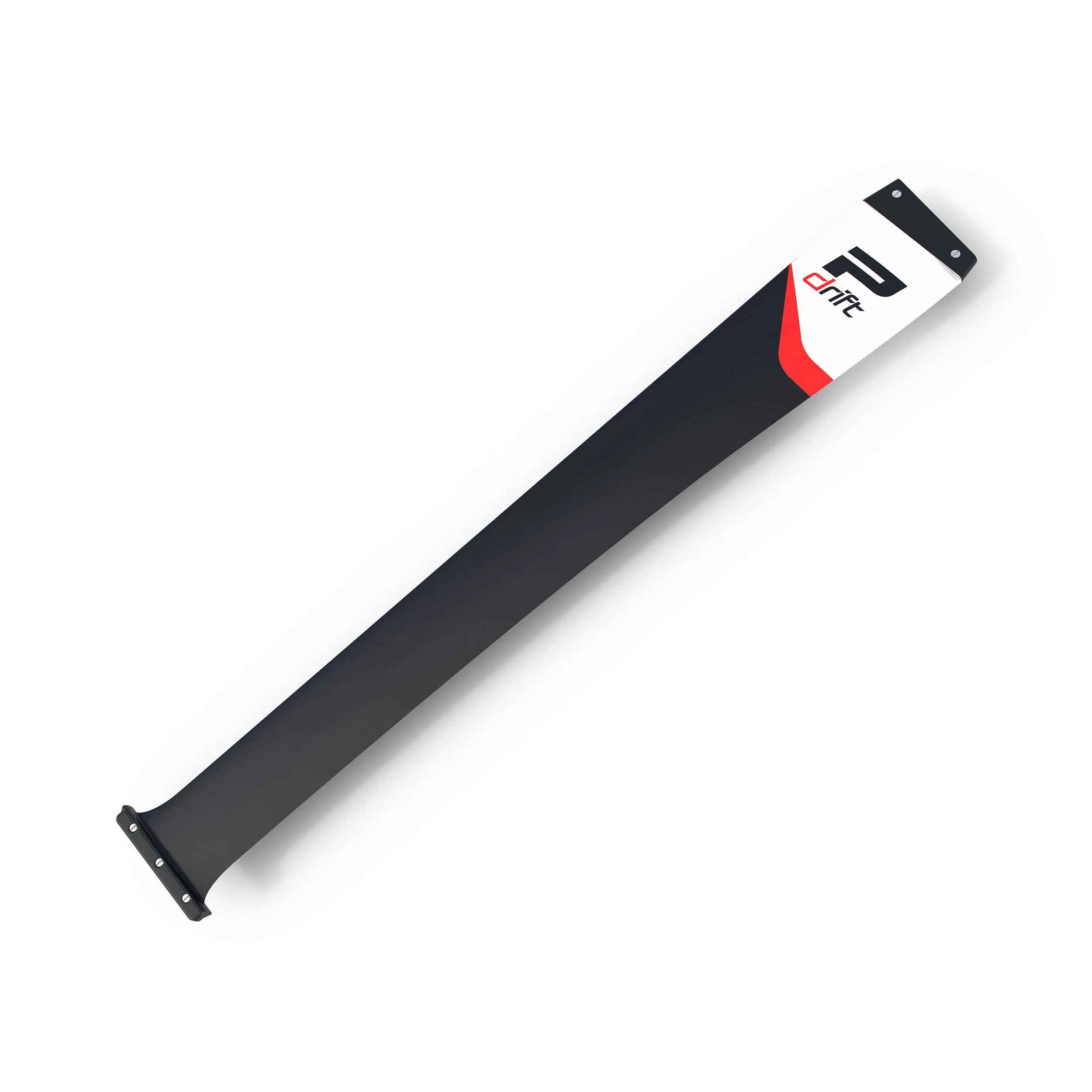 A long, narrow blade with a black finish and an end featuring a white panel with red and black design elements.
