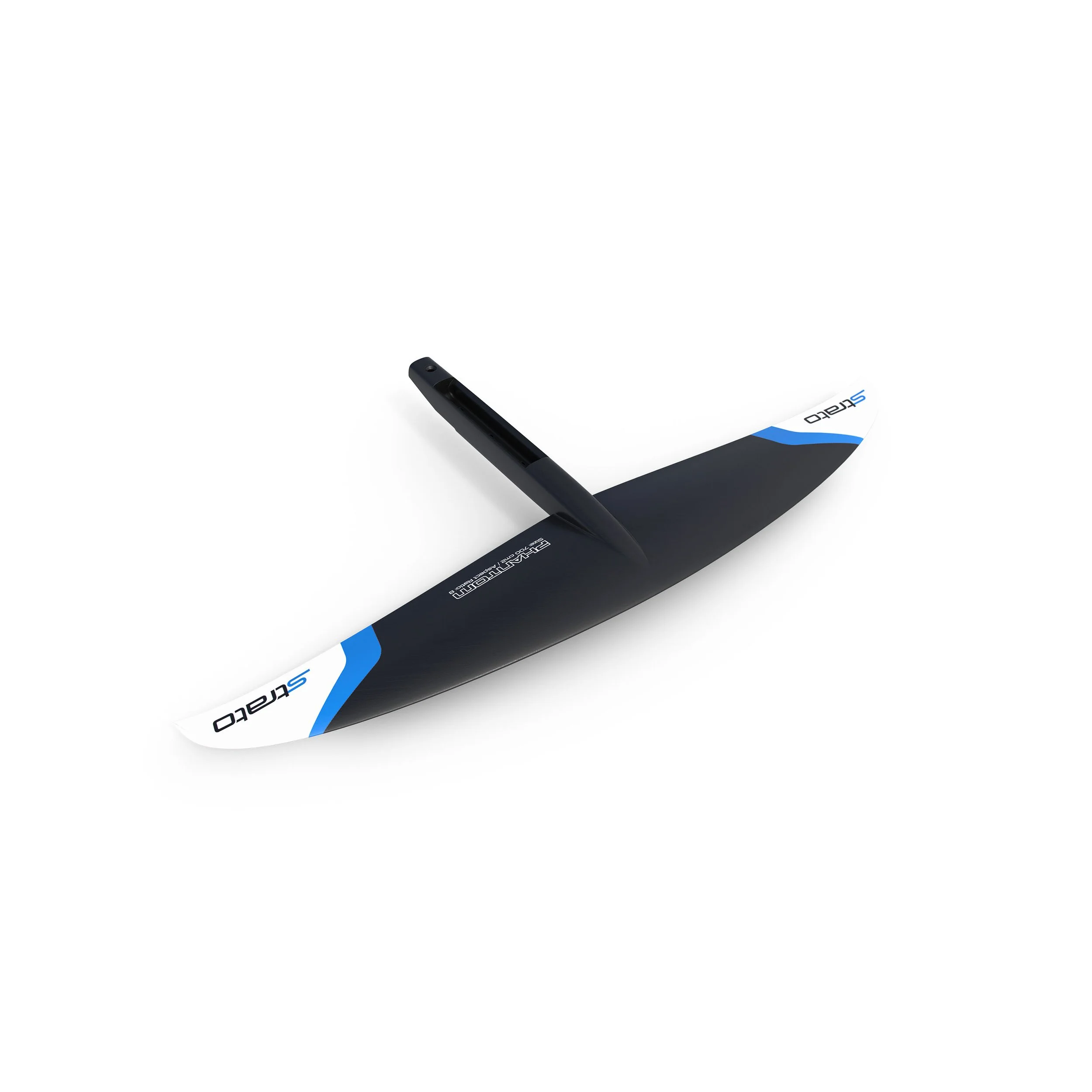 Hydrofoil with blue and white accents for water sports on a white background.