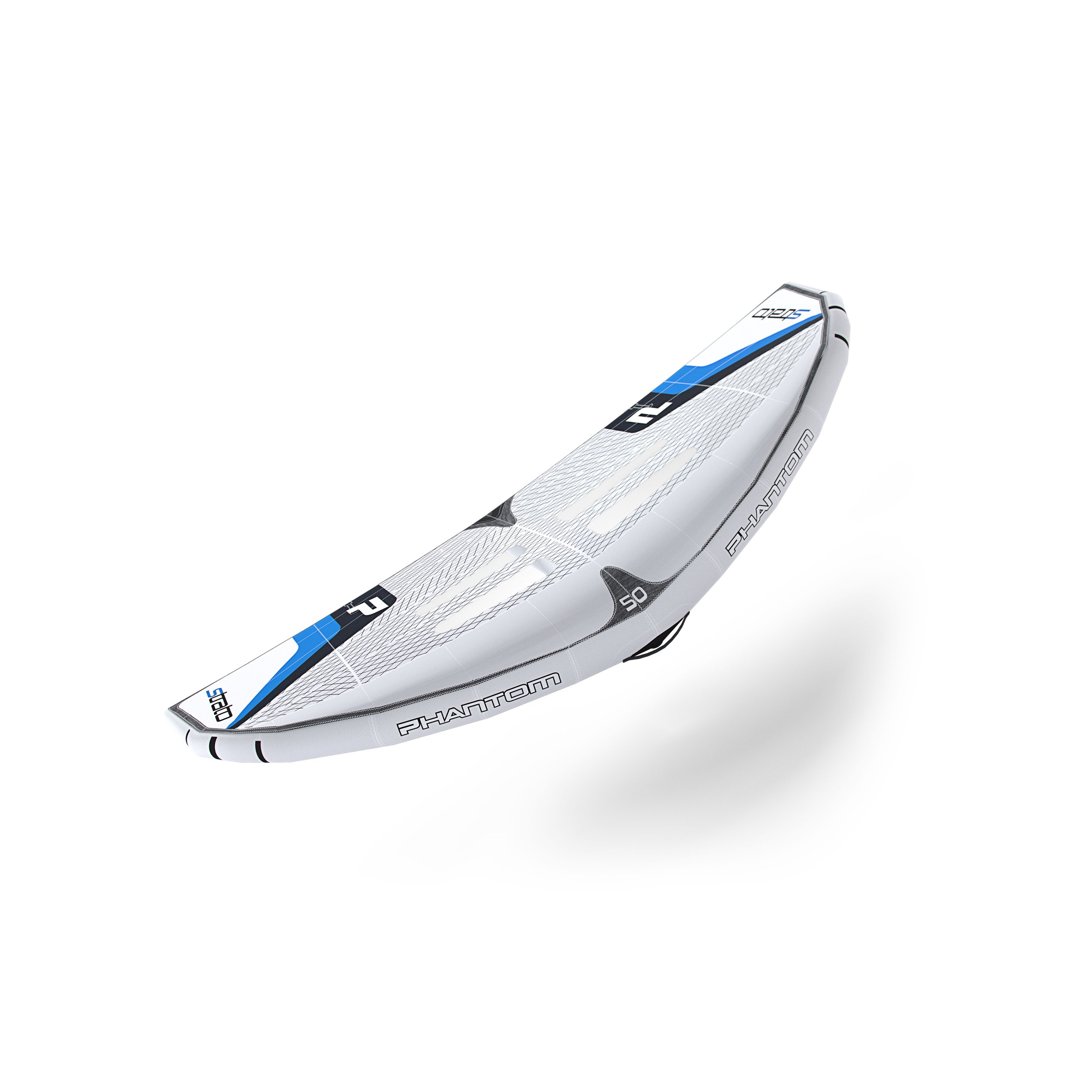 Inflatable wing surfing sail with a design featuring blue, gray, and black accents on a white background.