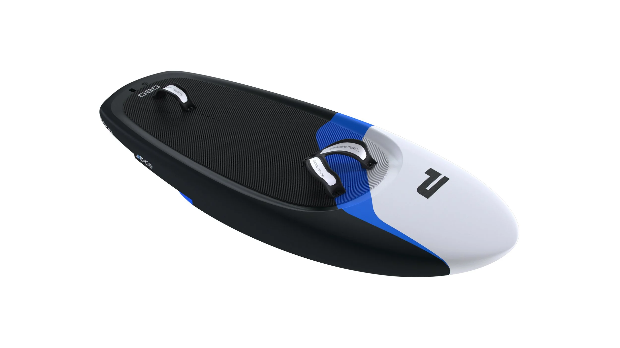 Electric surfboard with foot straps on white background