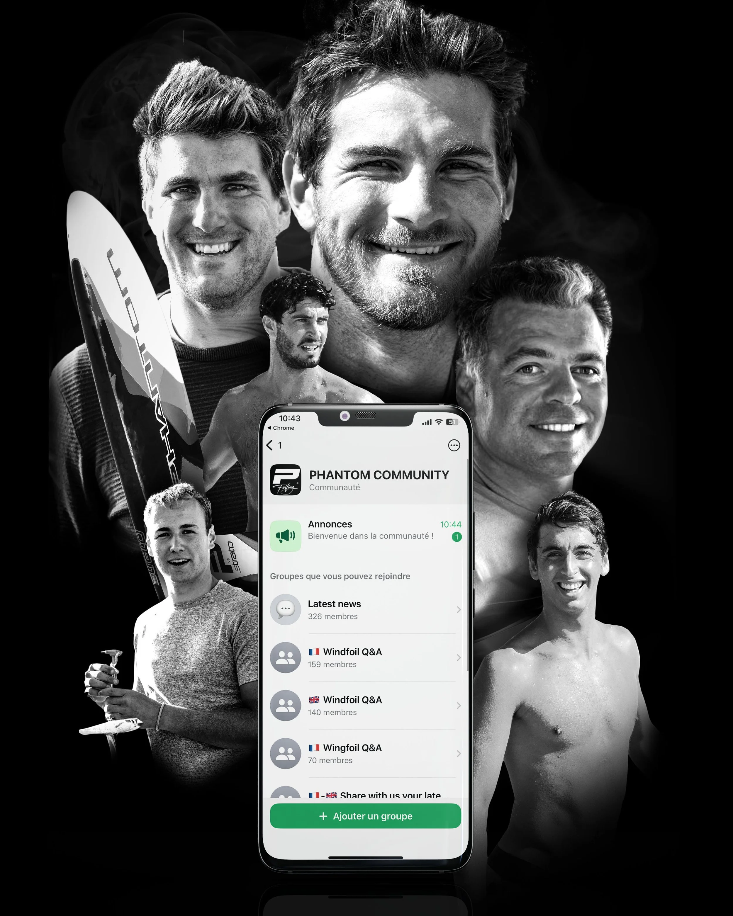Collage of smiling men with windsurfing gear and a smartphone displaying the Phantom Community app interface, featuring announcements and group options in black and white.