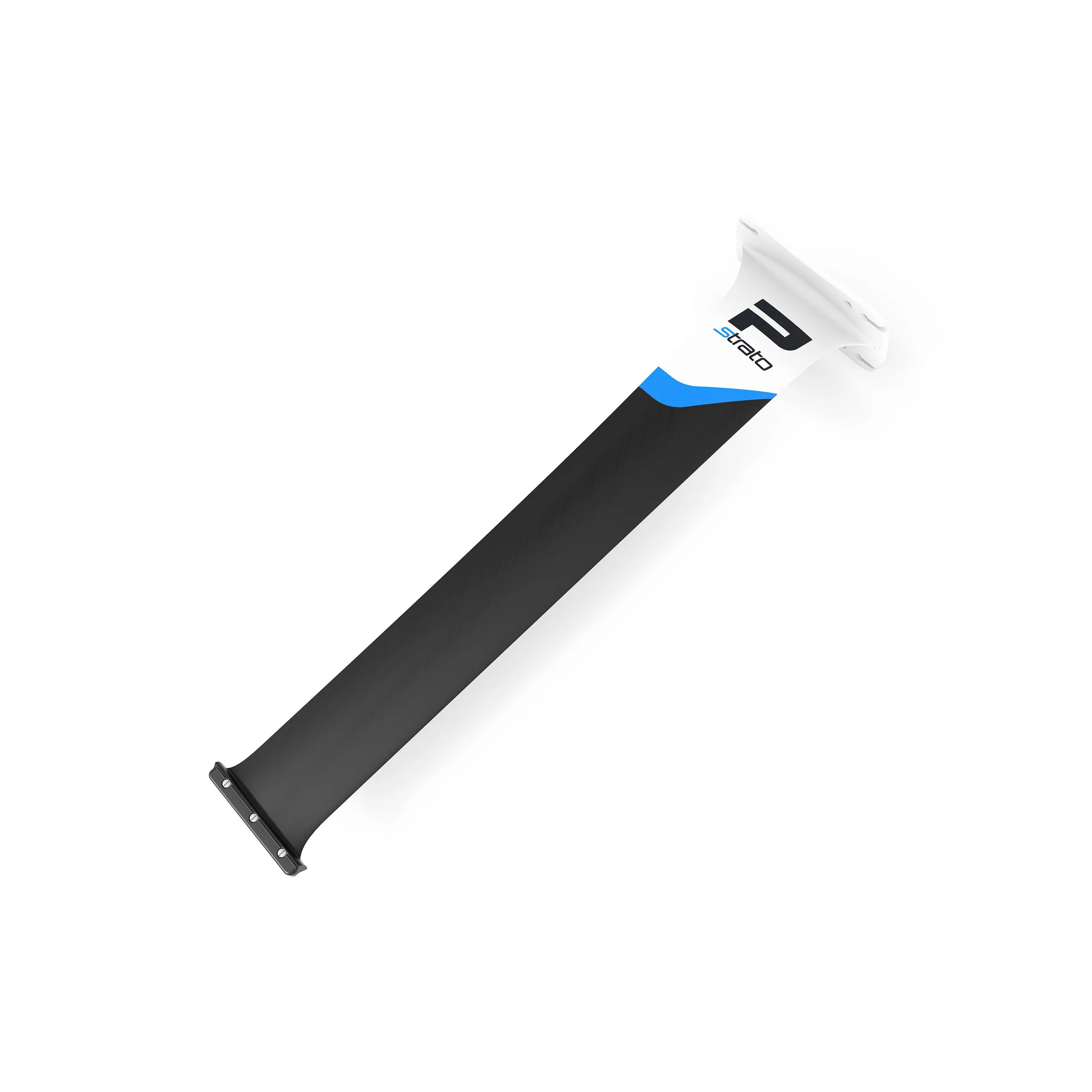Carbon fiber foil mast with white and blue accents, viewed diagonally against a white background.