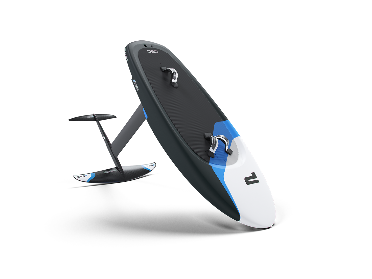 Electric hydrofoil surfboard with foot straps and a sleek design, featuring a submerged wing and fin for lift and stability.