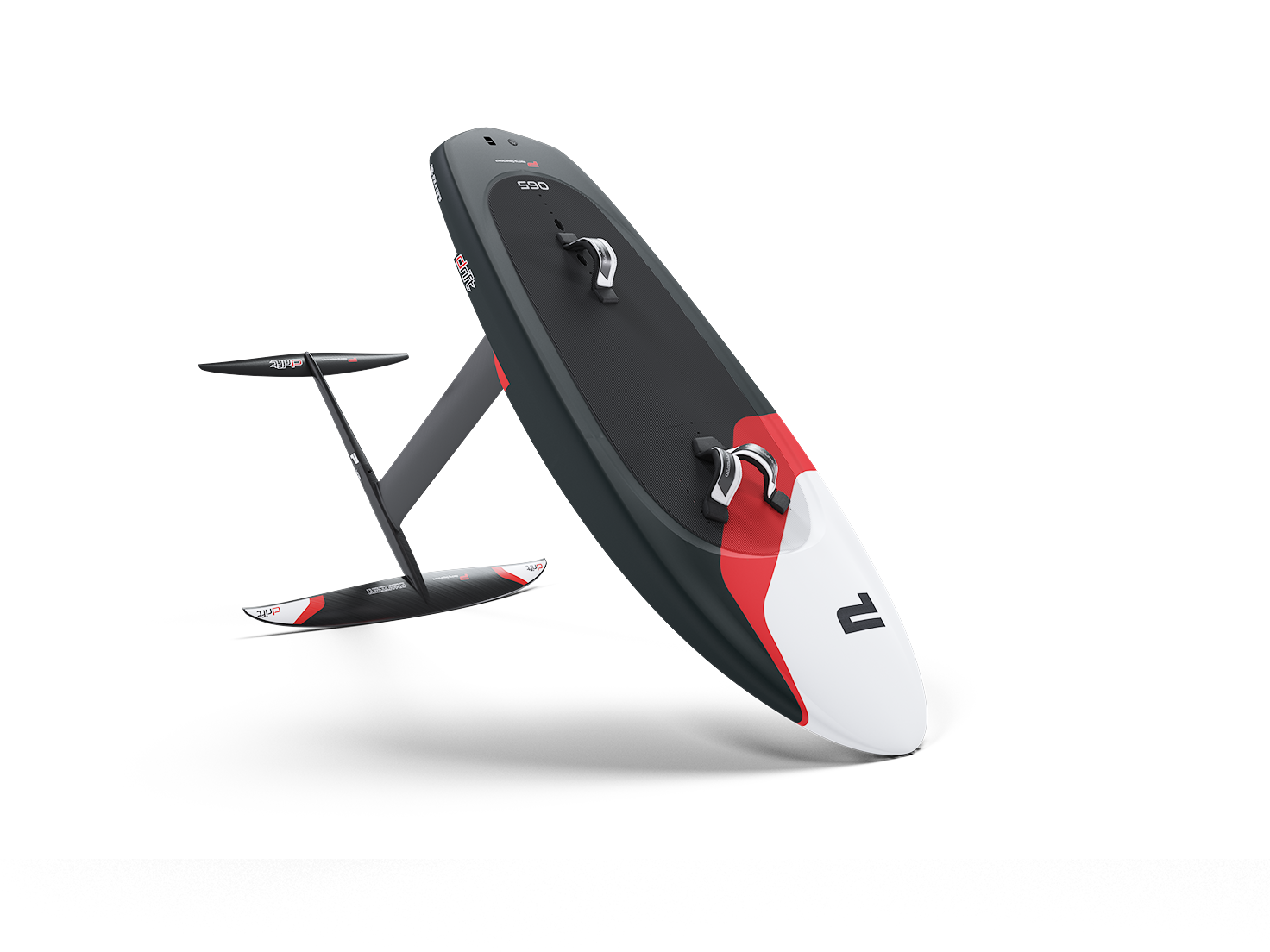 A modern hydrofoil board with a red, black, and white color scheme and foot straps. The foil features a front wing, mast, and rear stabilizer for water sports.