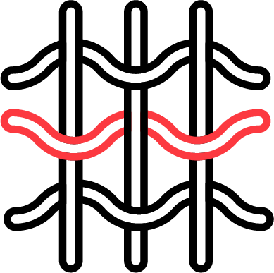 Illustration of a textile pattern with black vertical waves and a red horizontal wave.