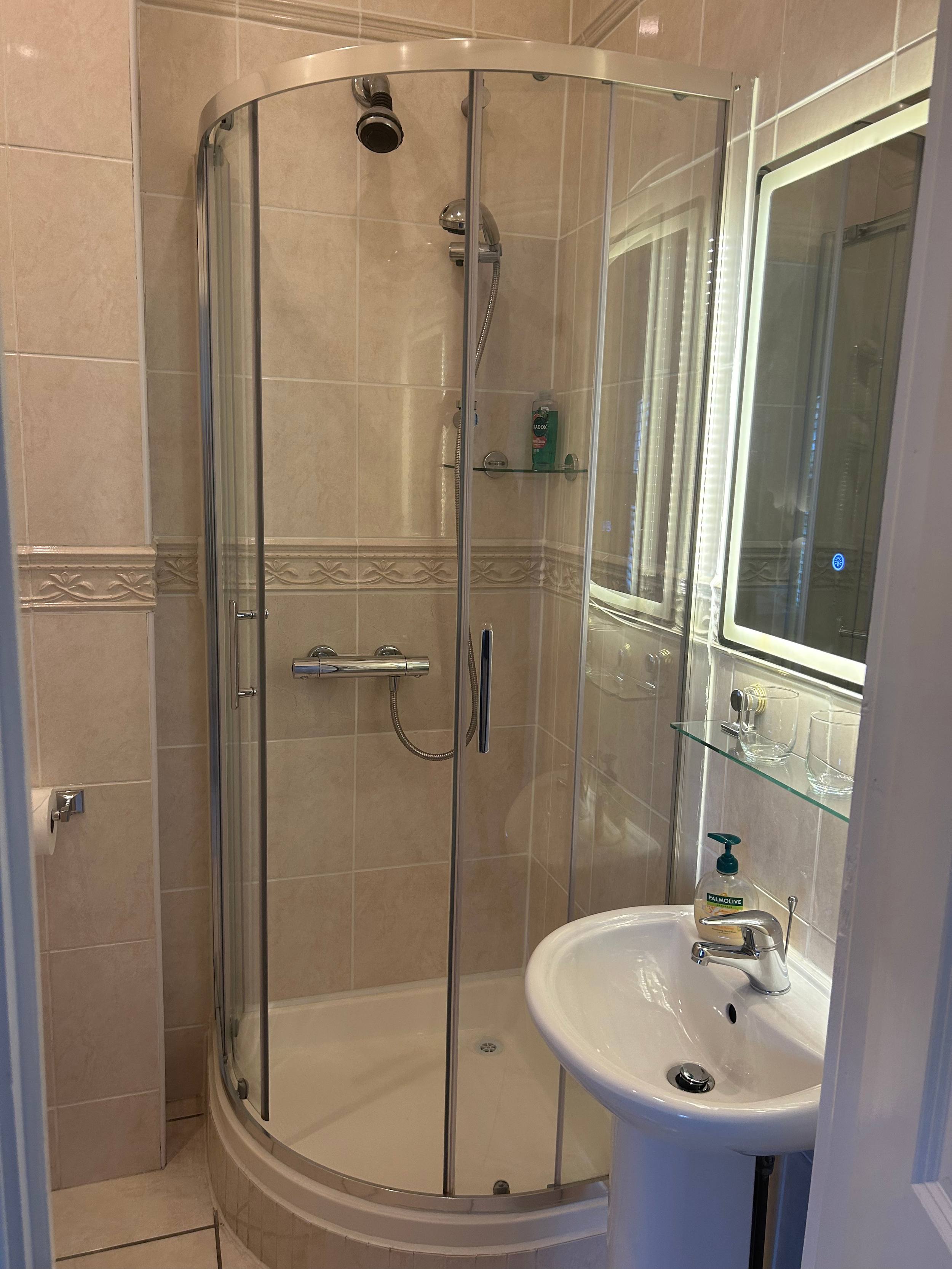 A small bathroom with a corner shower enclosure with glass doors, a white pedestal sink with a soap dispenser, and a wall-mounted mirror with lighting.