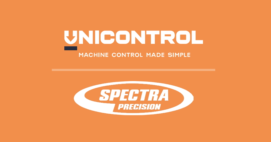 Orange background with white and black text stating 'UNICONTR0L machine control made simple' and a logo for Spectra Precision.