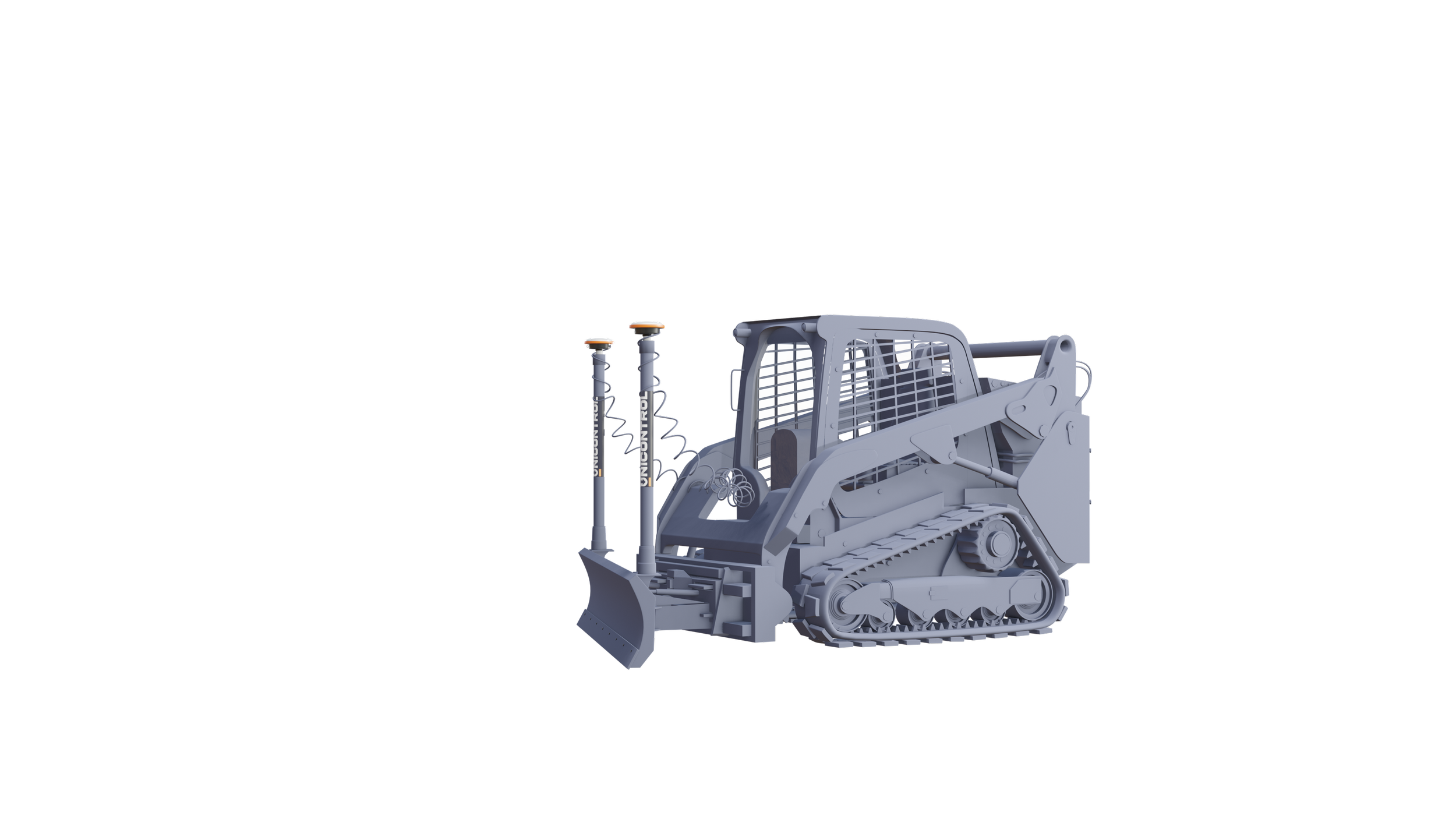 3D rendering of a compact track loader with a blade attachment, shown from a front side angle on a black background.