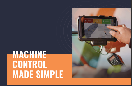 A person using a mobile device to control a machine, with a second device near the phone for additional control, on a dark background with text 'Machine Control Made Simple'.
