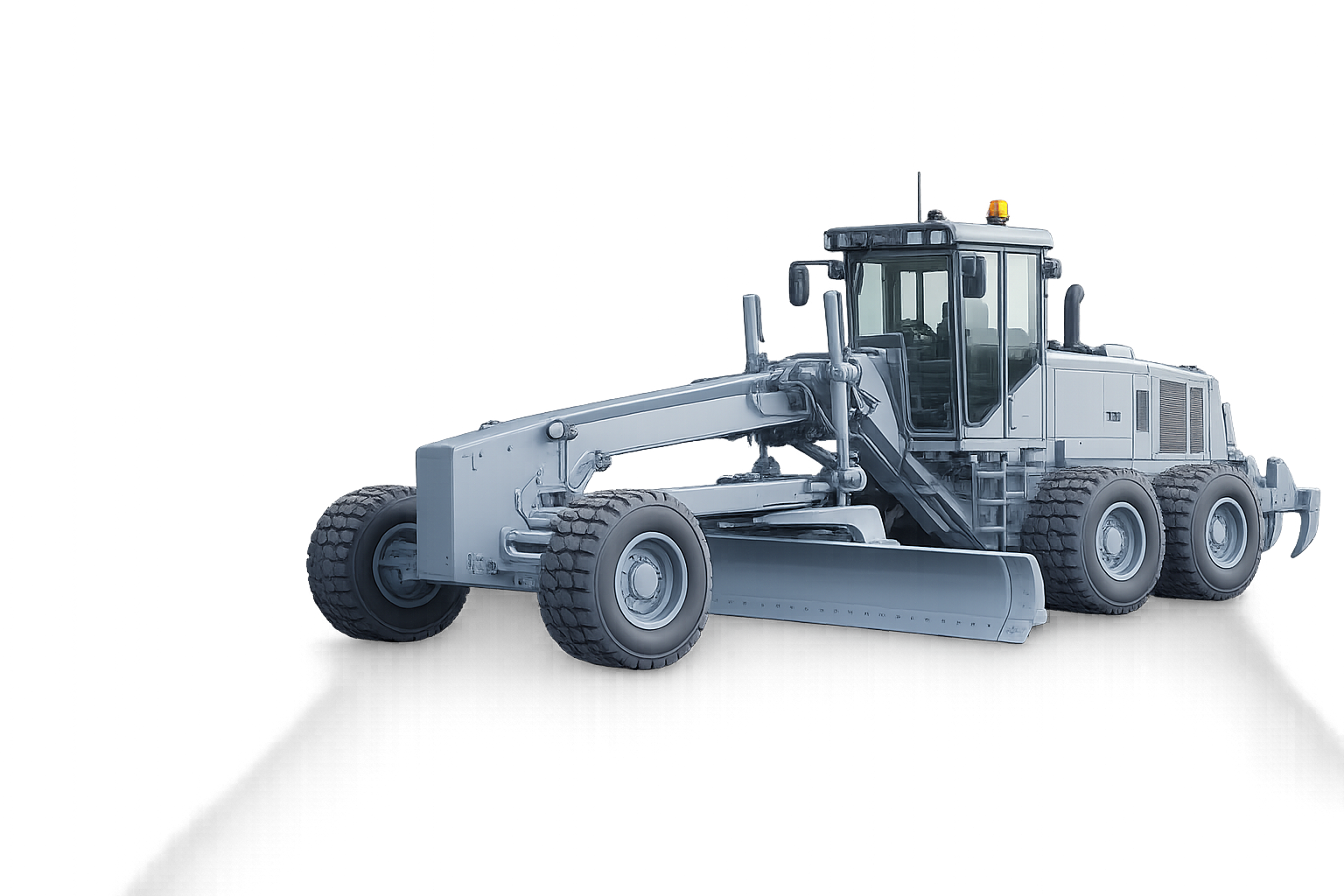 A large road construction vehicle, specifically a grader, parked against a colorful, digital-themed background.