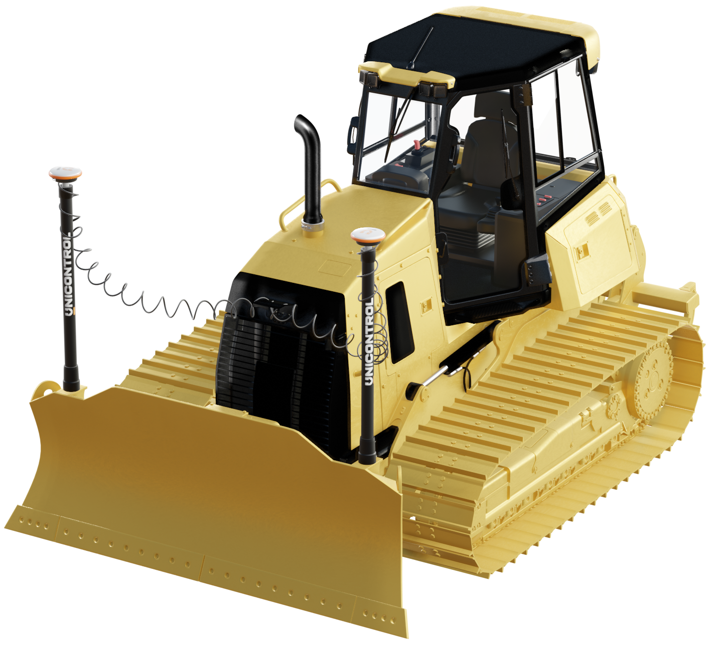 Image of a yellow bulldozer with tracks, a large front blade, and a glass-enclosed operator's cabin.
