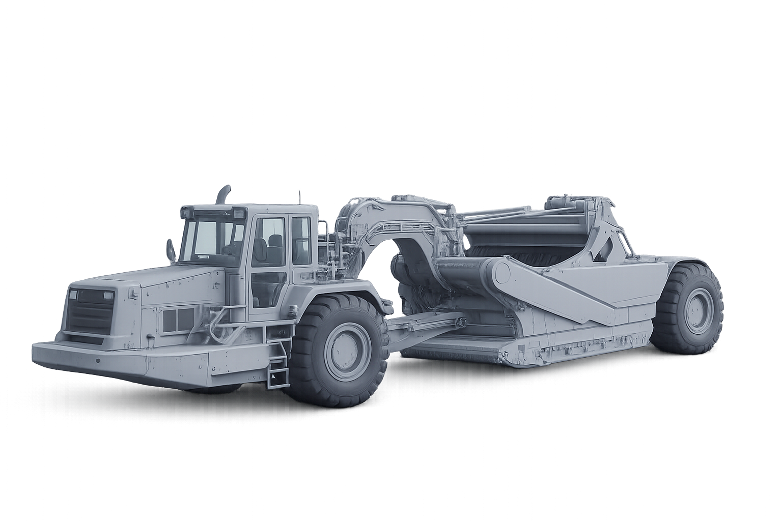 A grayscale, computer-generated model of a large industrial front loader with a large bucket at the front, large tires, and a detailed cab.